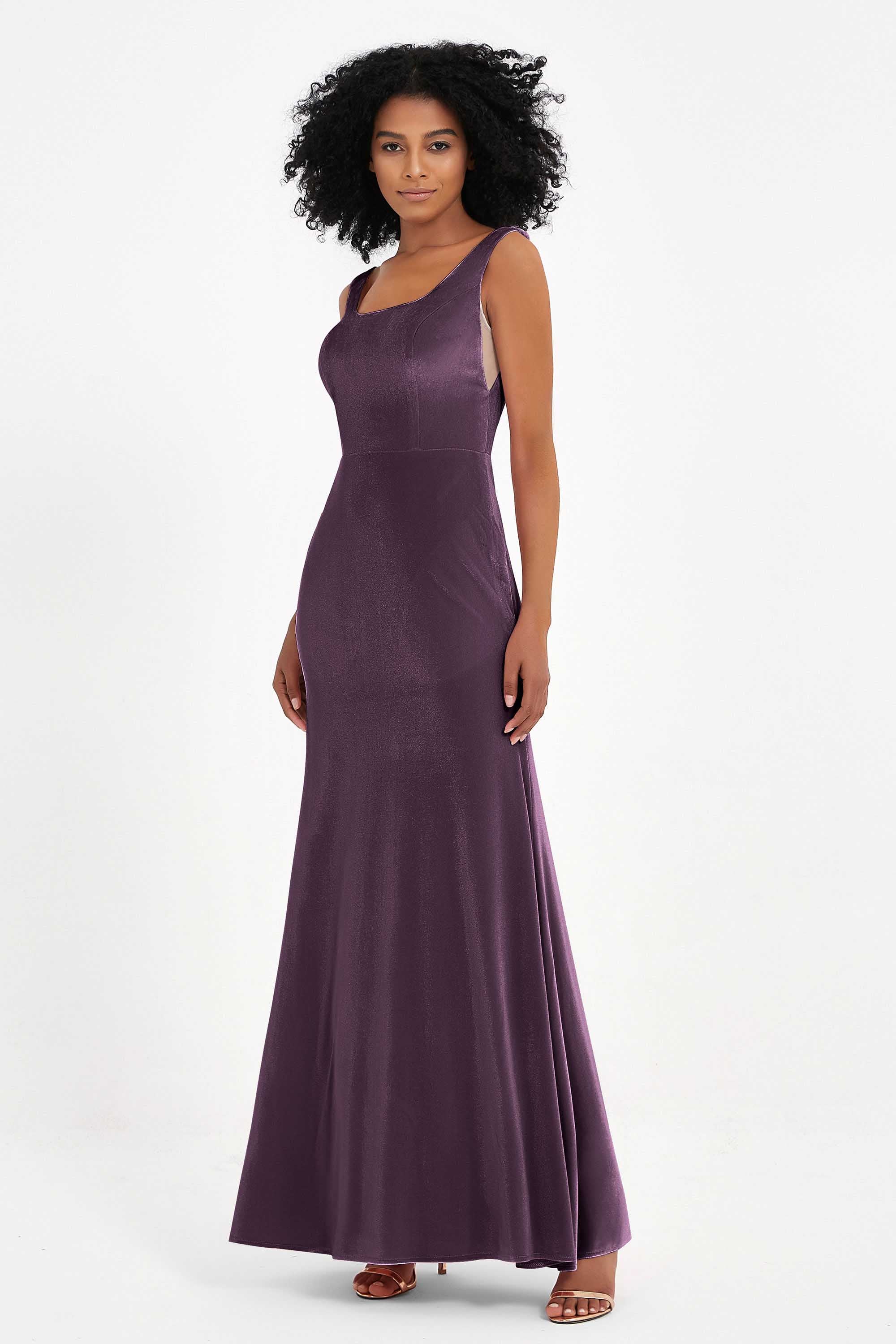 Scoop Sleeveless Velvet Long Formal Evening Dresses Sheath Bridesmaid Prom Party Gowns