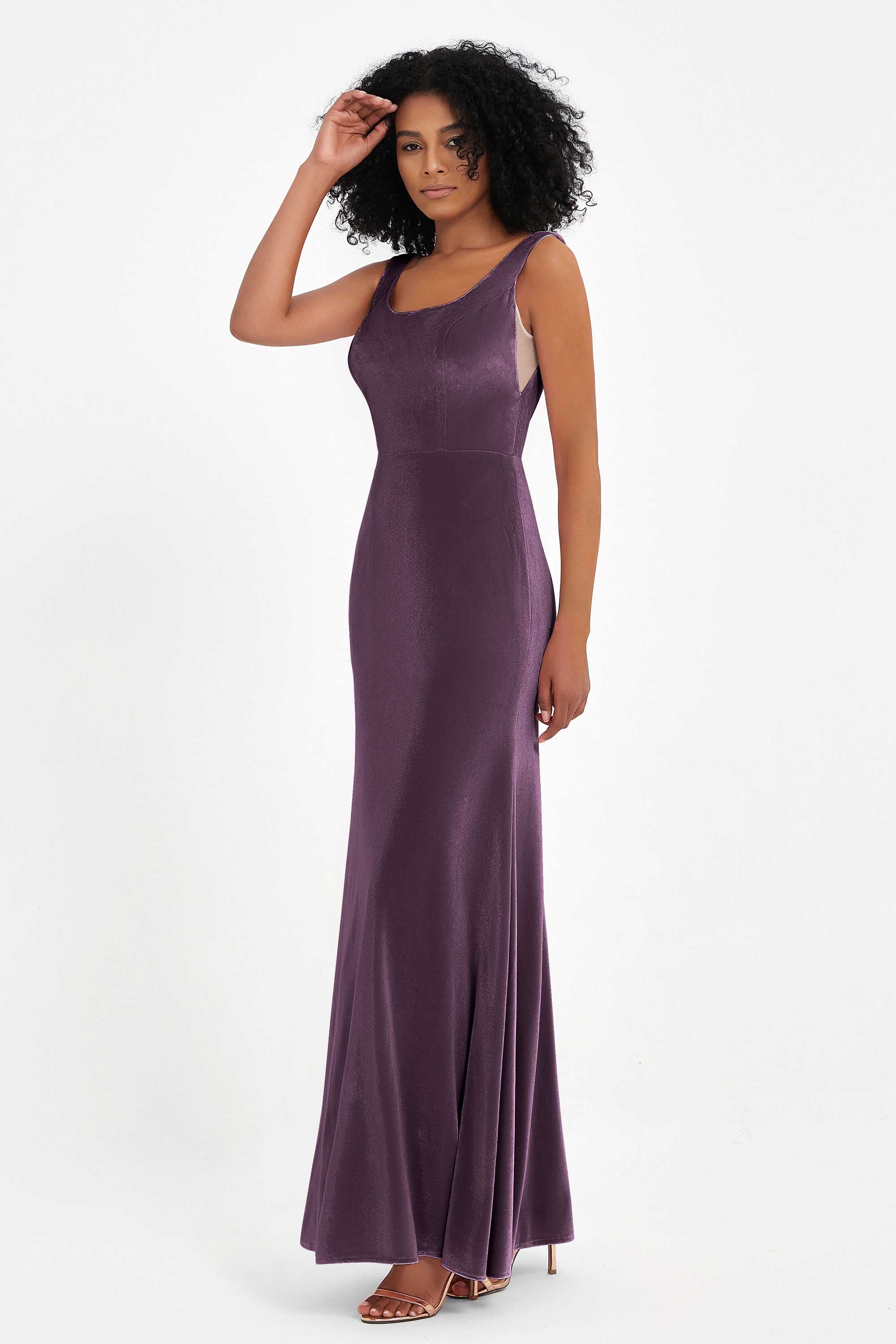 Scoop Sleeveless Velvet Long Formal Evening Dresses Sheath Bridesmaid Prom Party Gowns