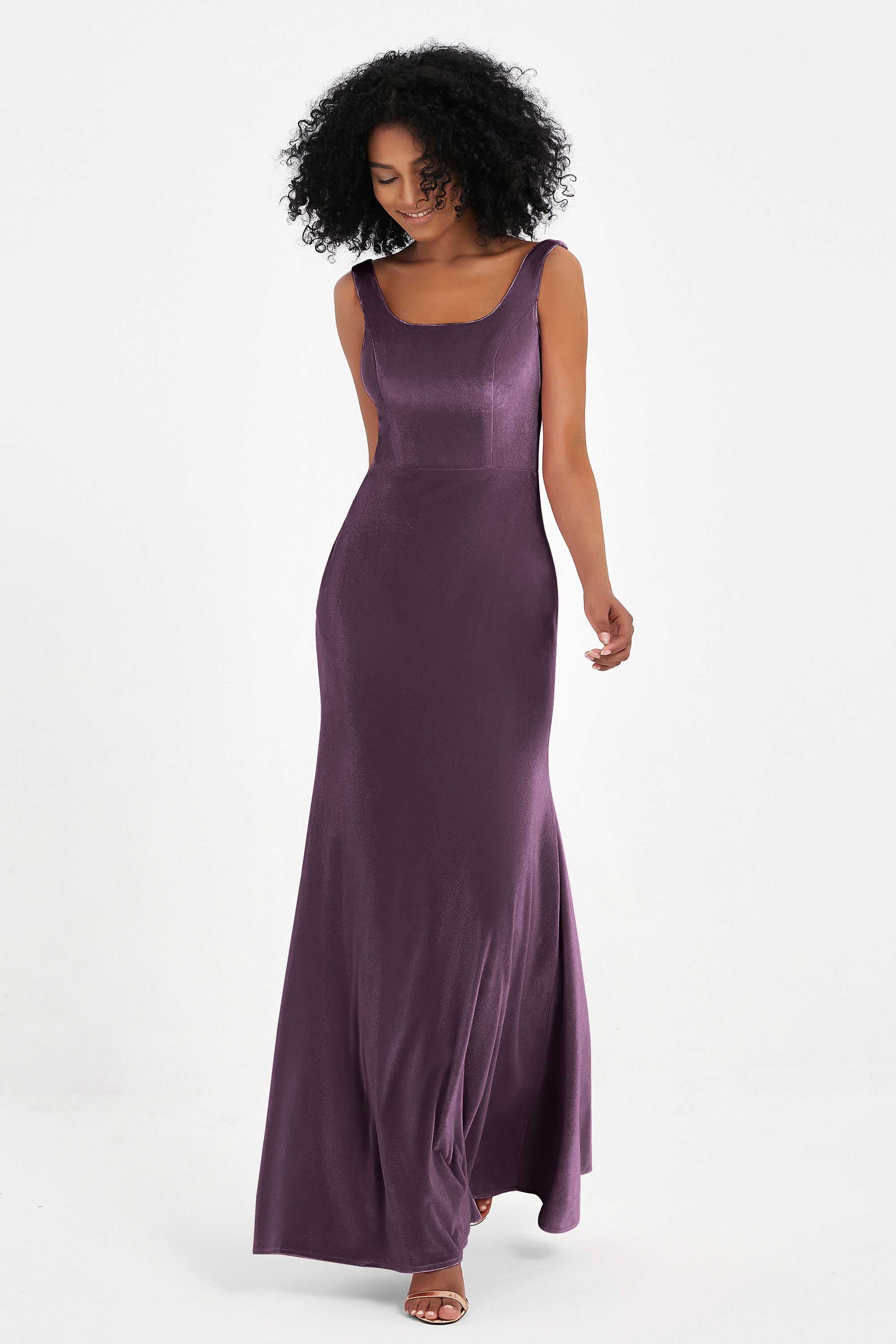 Scoop Sleeveless Velvet Long Formal Evening Dresses Sheath Bridesmaid Prom Party Gowns