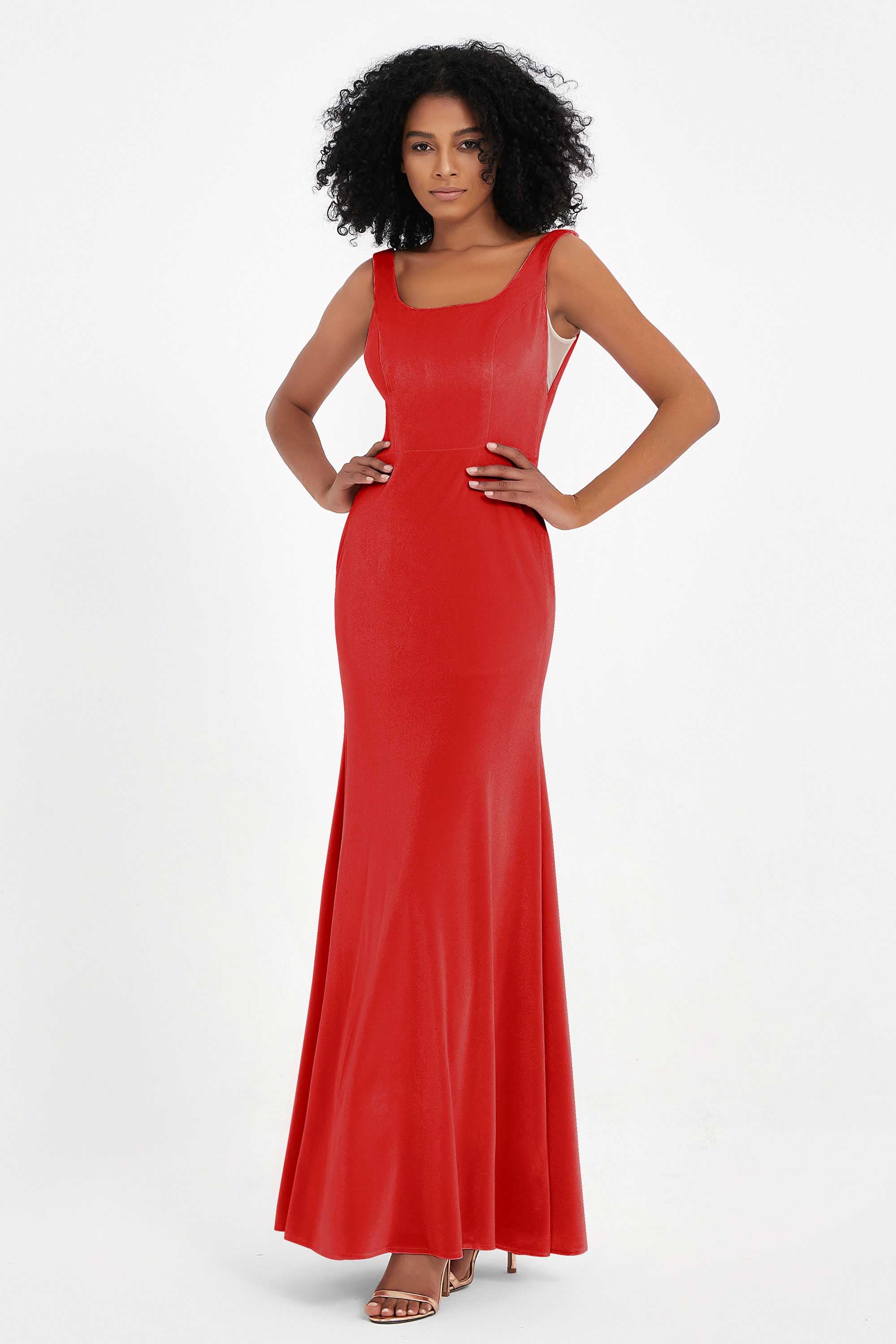 Scoop Sleeveless Velvet Long Formal Evening Dresses Sheath Bridesmaid Prom Party Gowns