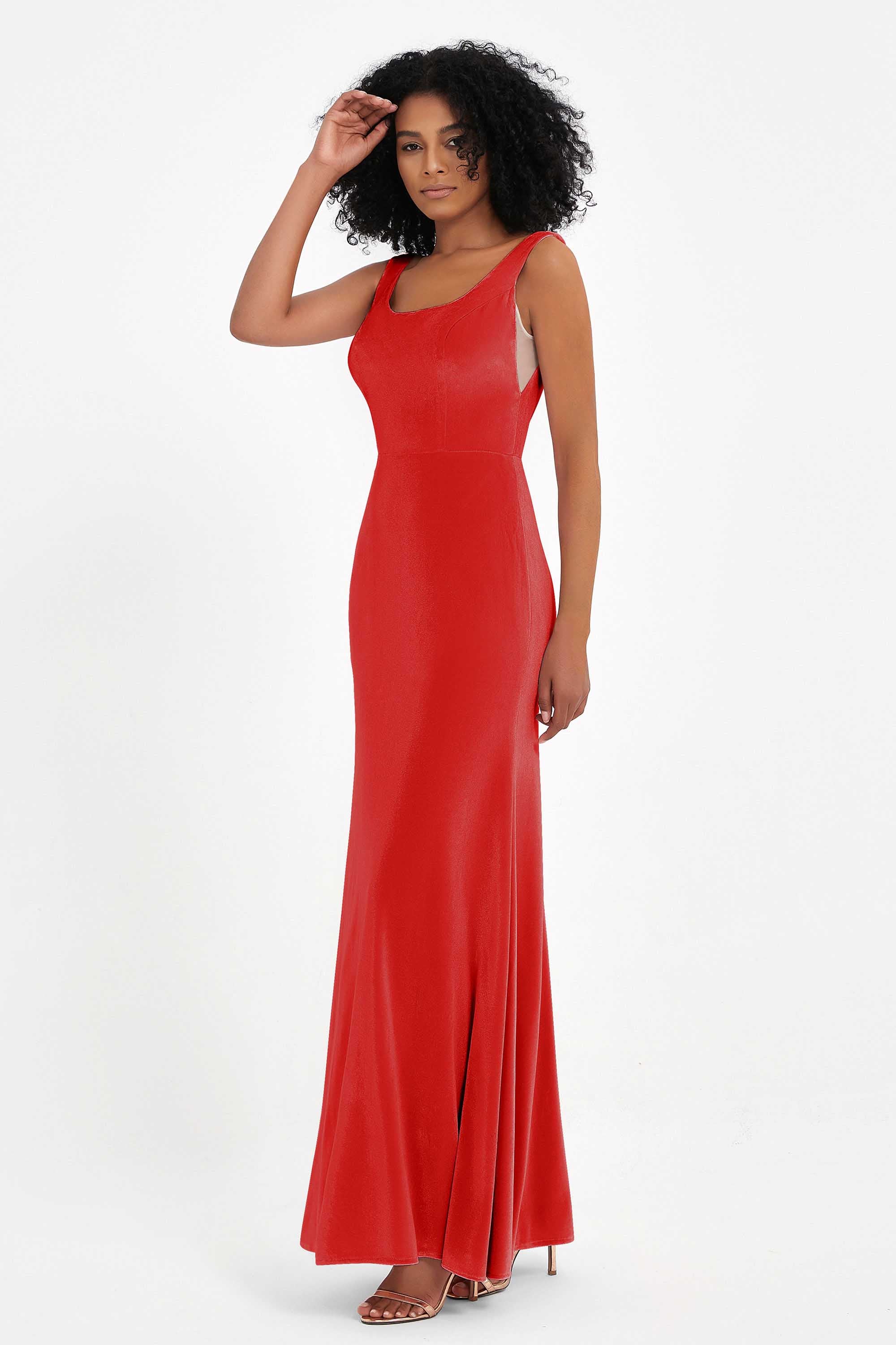 Scoop Sleeveless Velvet Long Formal Evening Dresses Sheath Bridesmaid Prom Party Gowns
