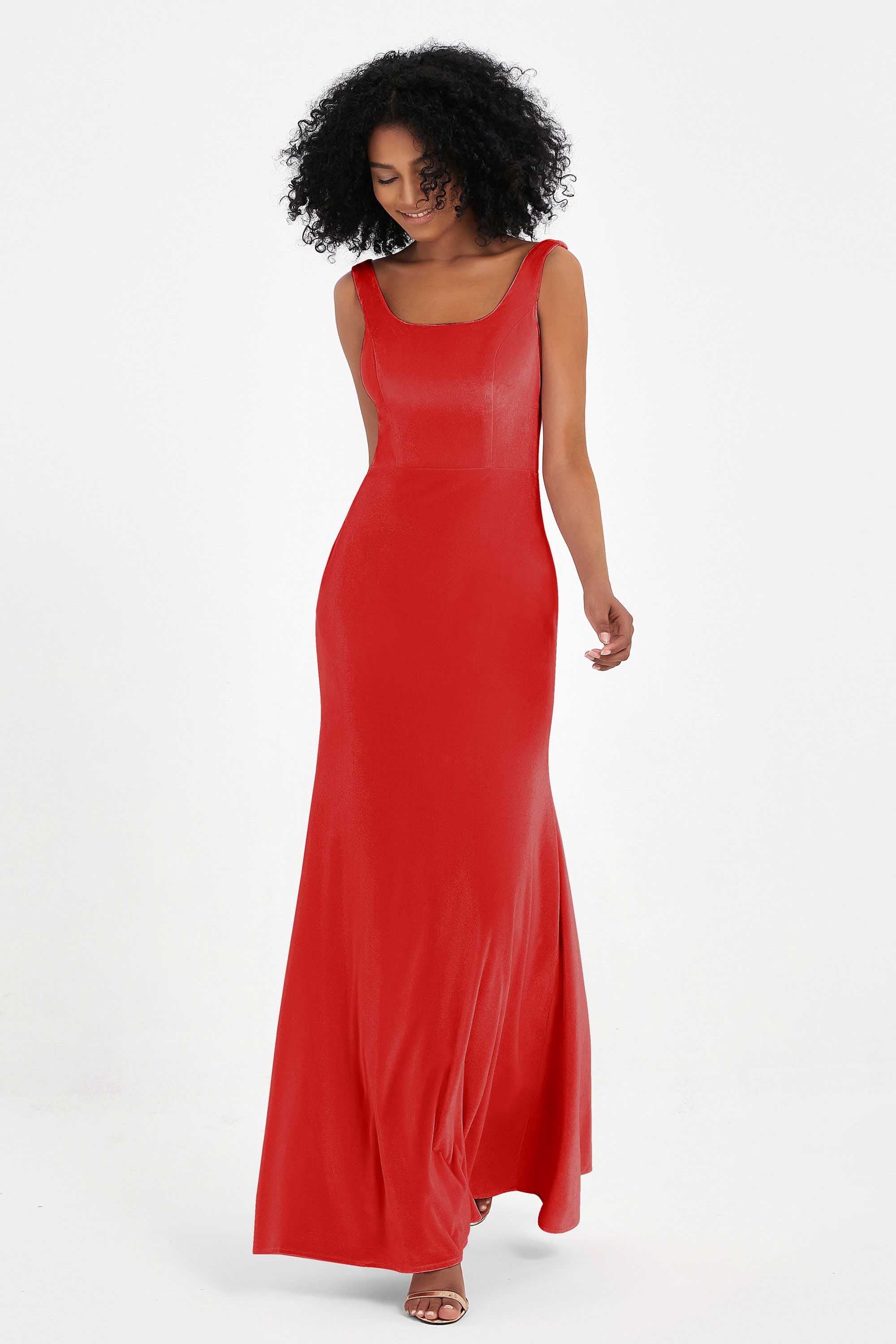 Scoop Sleeveless Velvet Long Formal Evening Dresses Sheath Bridesmaid Prom Party Gowns