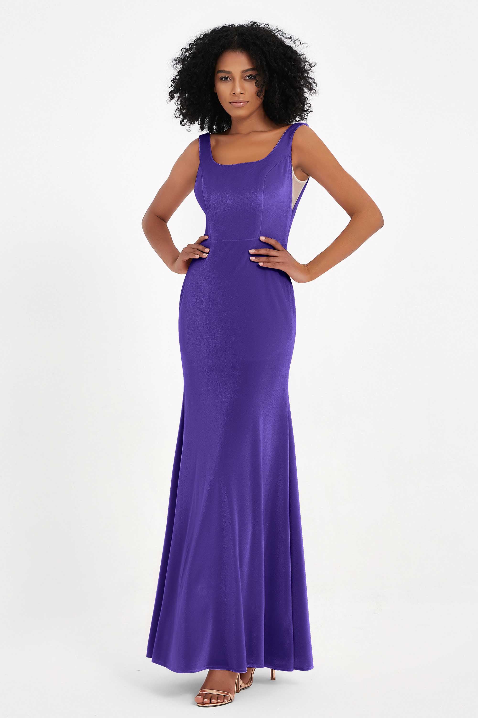 Scoop Sleeveless Velvet Long Formal Evening Dresses Sheath Bridesmaid Prom Party Gowns
