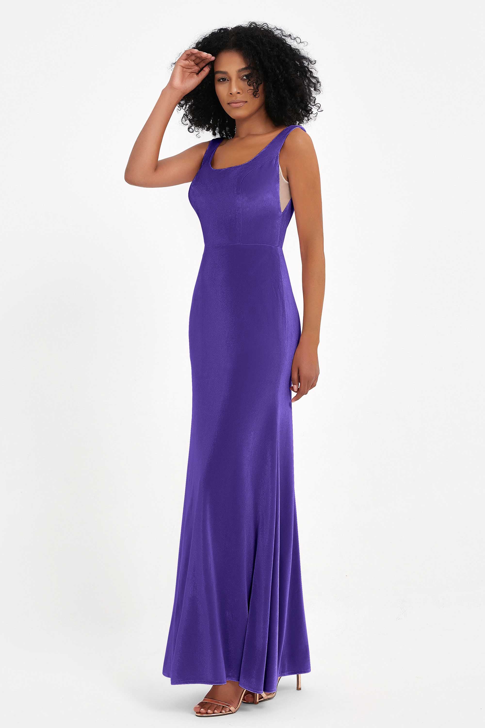 Scoop Sleeveless Velvet Long Formal Evening Dresses Sheath Bridesmaid Prom Party Gowns