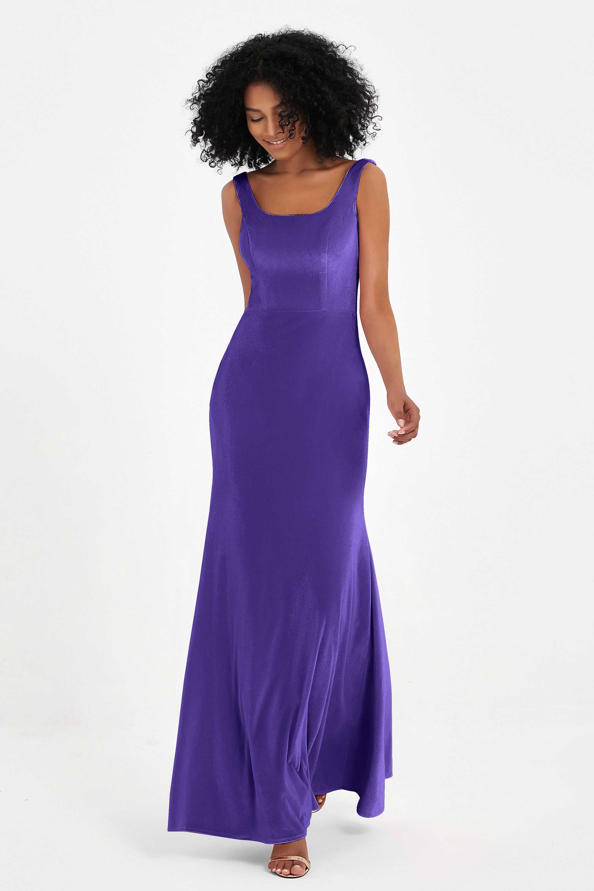 Scoop Sleeveless Velvet Long Formal Evening Dresses Sheath Bridesmaid Prom Party Gowns