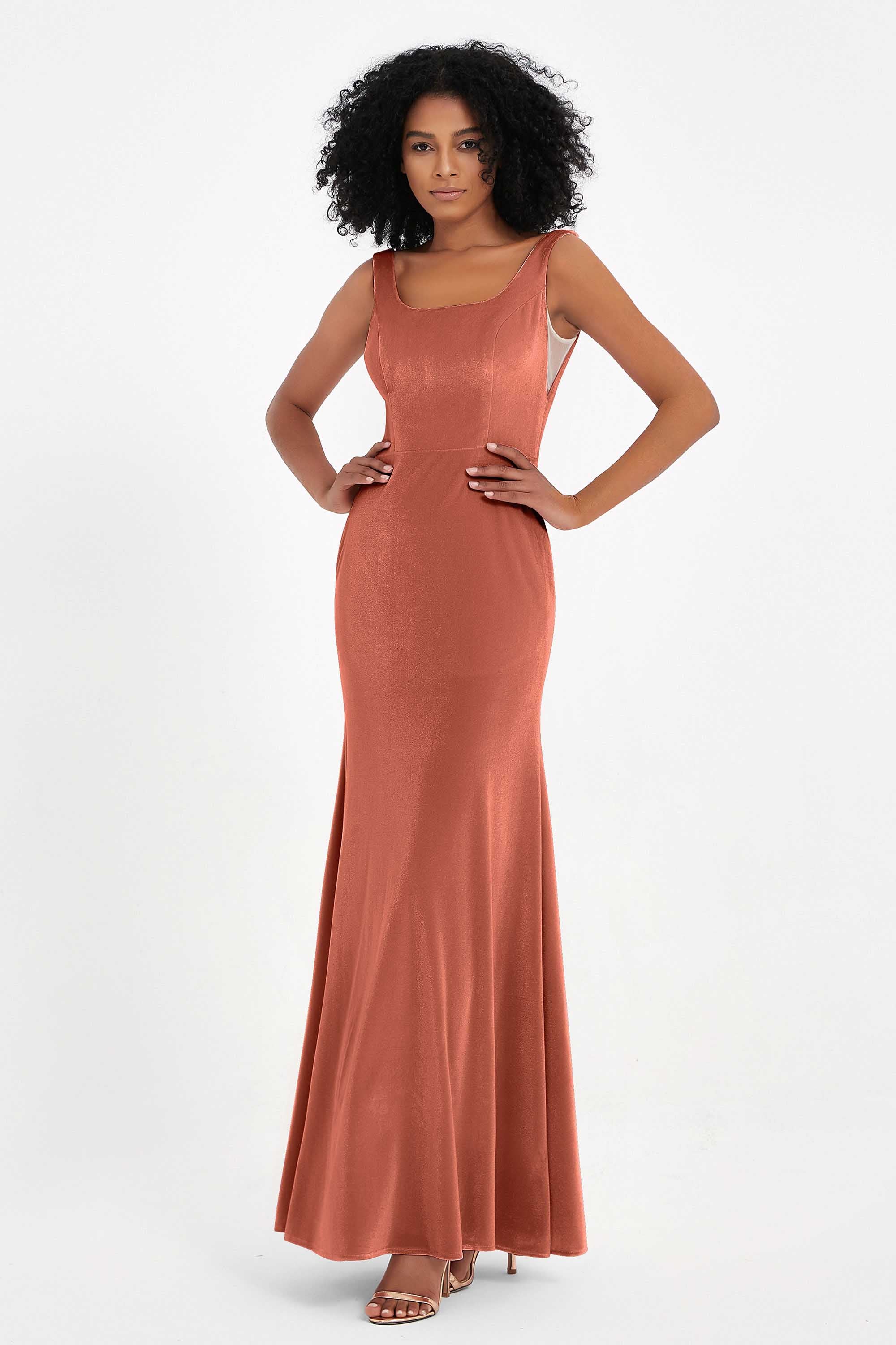 Scoop Sleeveless Velvet Long Formal Evening Dresses Sheath Bridesmaid Prom Party Gowns