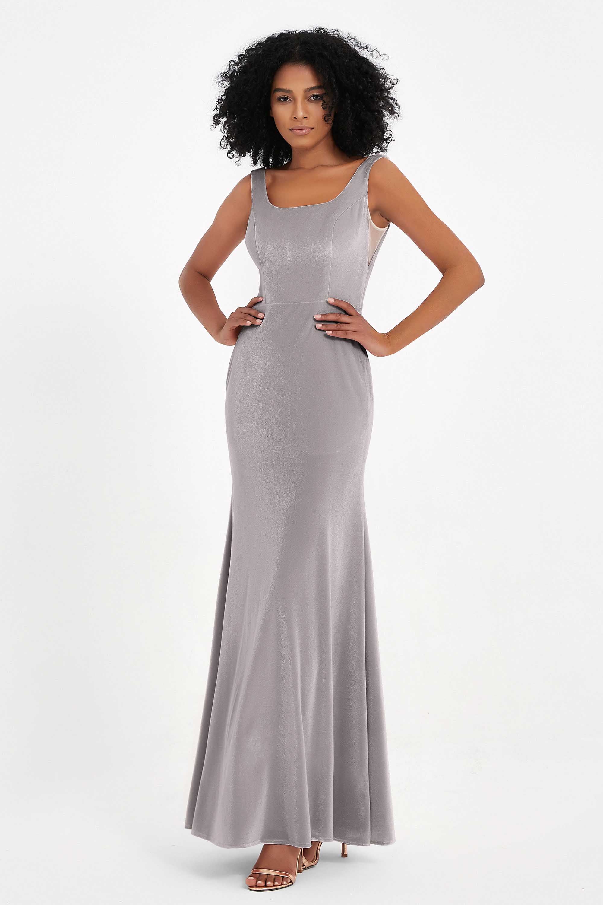 Scoop Sleeveless Velvet Long Formal Evening Dresses Sheath Bridesmaid Prom Party Gowns
