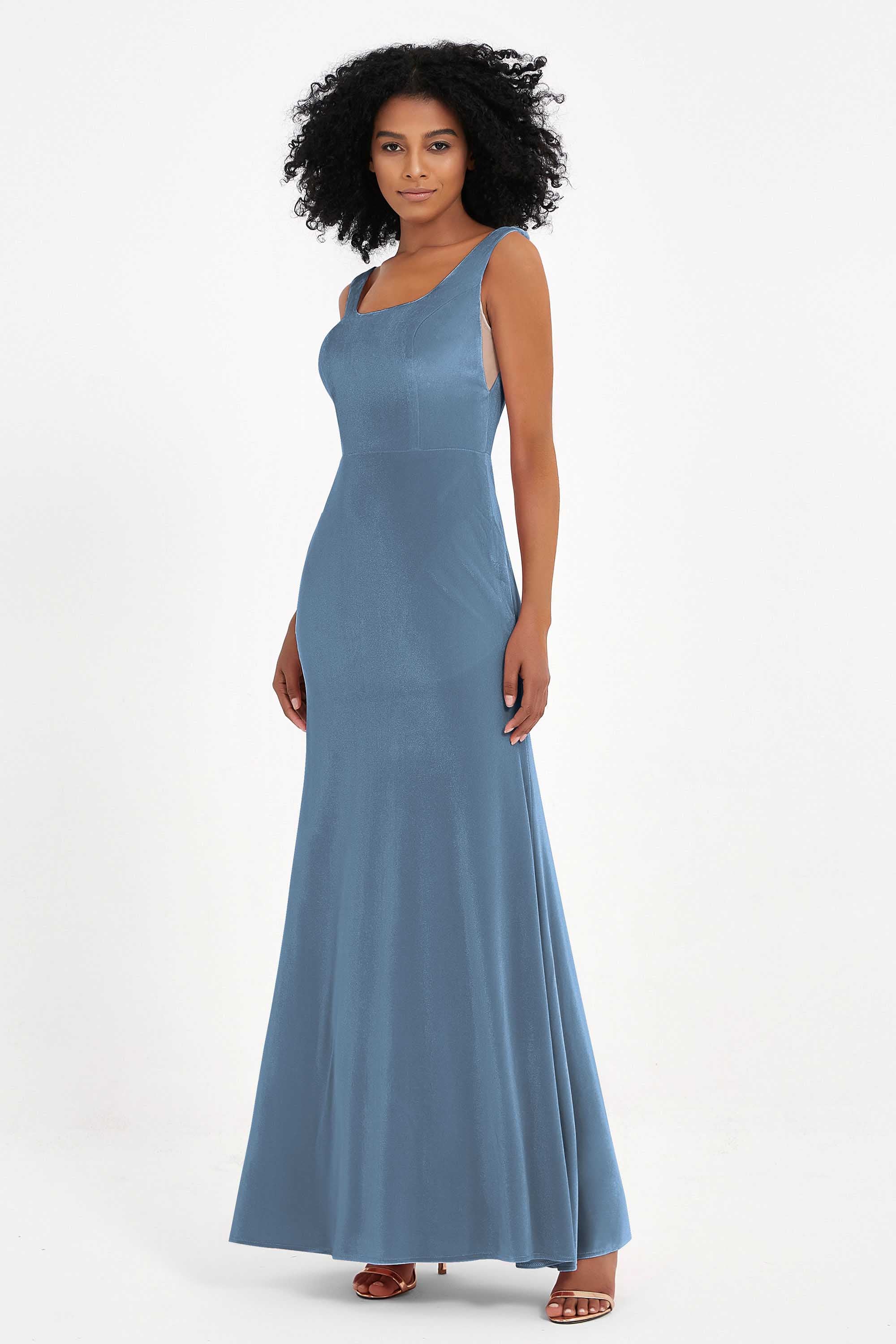 Scoop Sleeveless Velvet Long Formal Evening Dresses Sheath Bridesmaid Prom Party Gowns