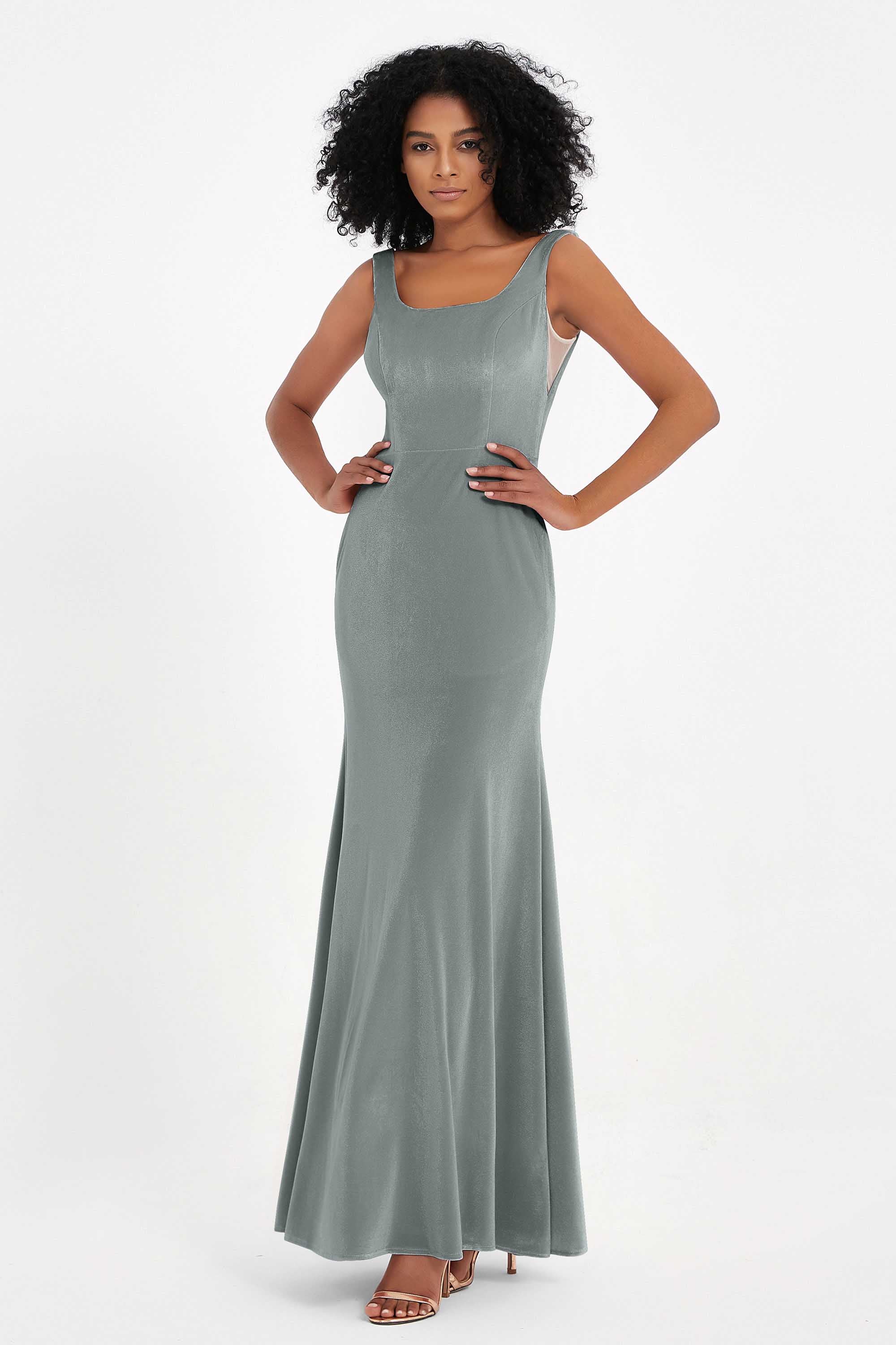 Scoop Sleeveless Velvet Long Formal Evening Dresses Sheath Bridesmaid Prom Party Gowns