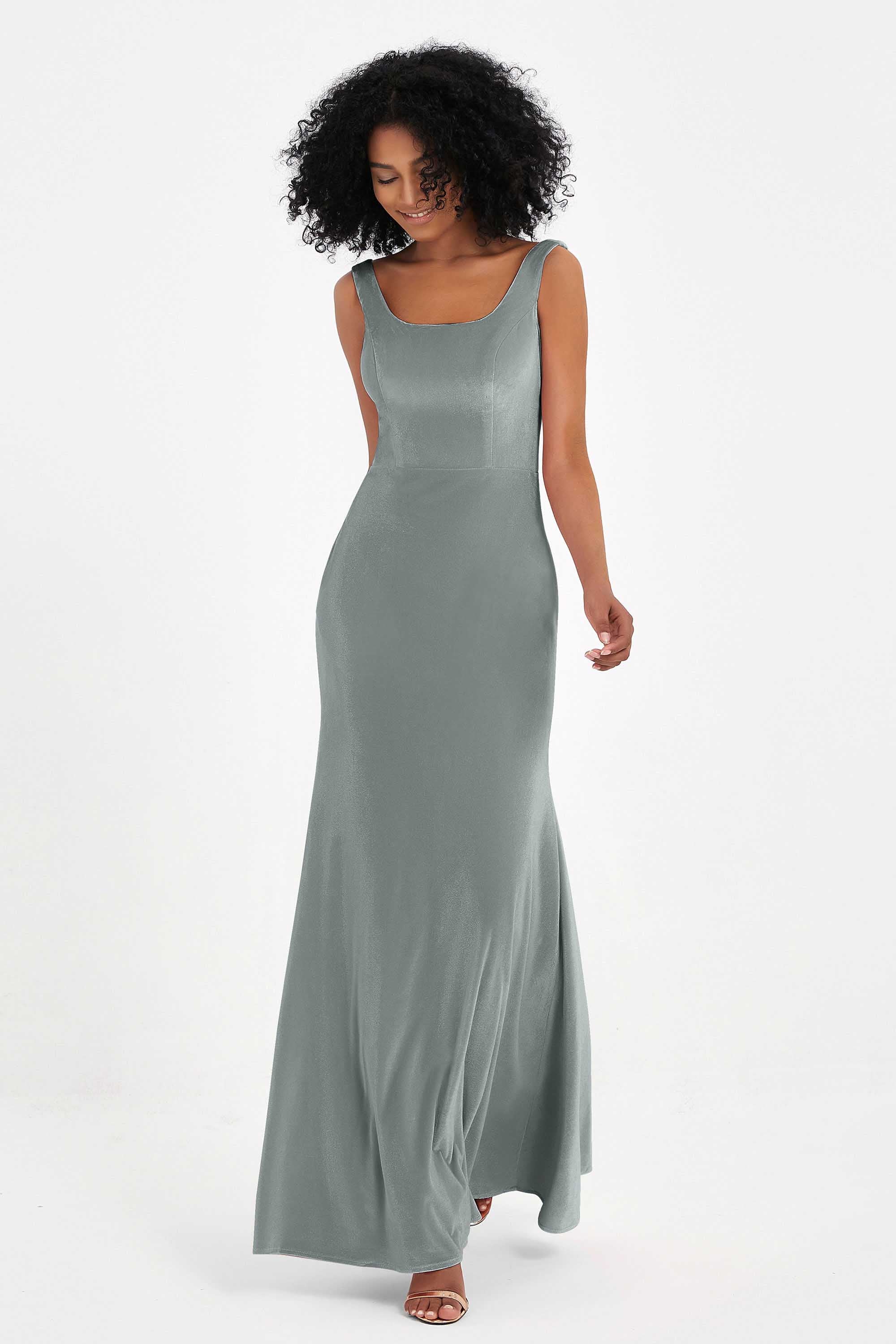 Scoop Sleeveless Velvet Long Formal Evening Dresses Sheath Bridesmaid Prom Party Gowns