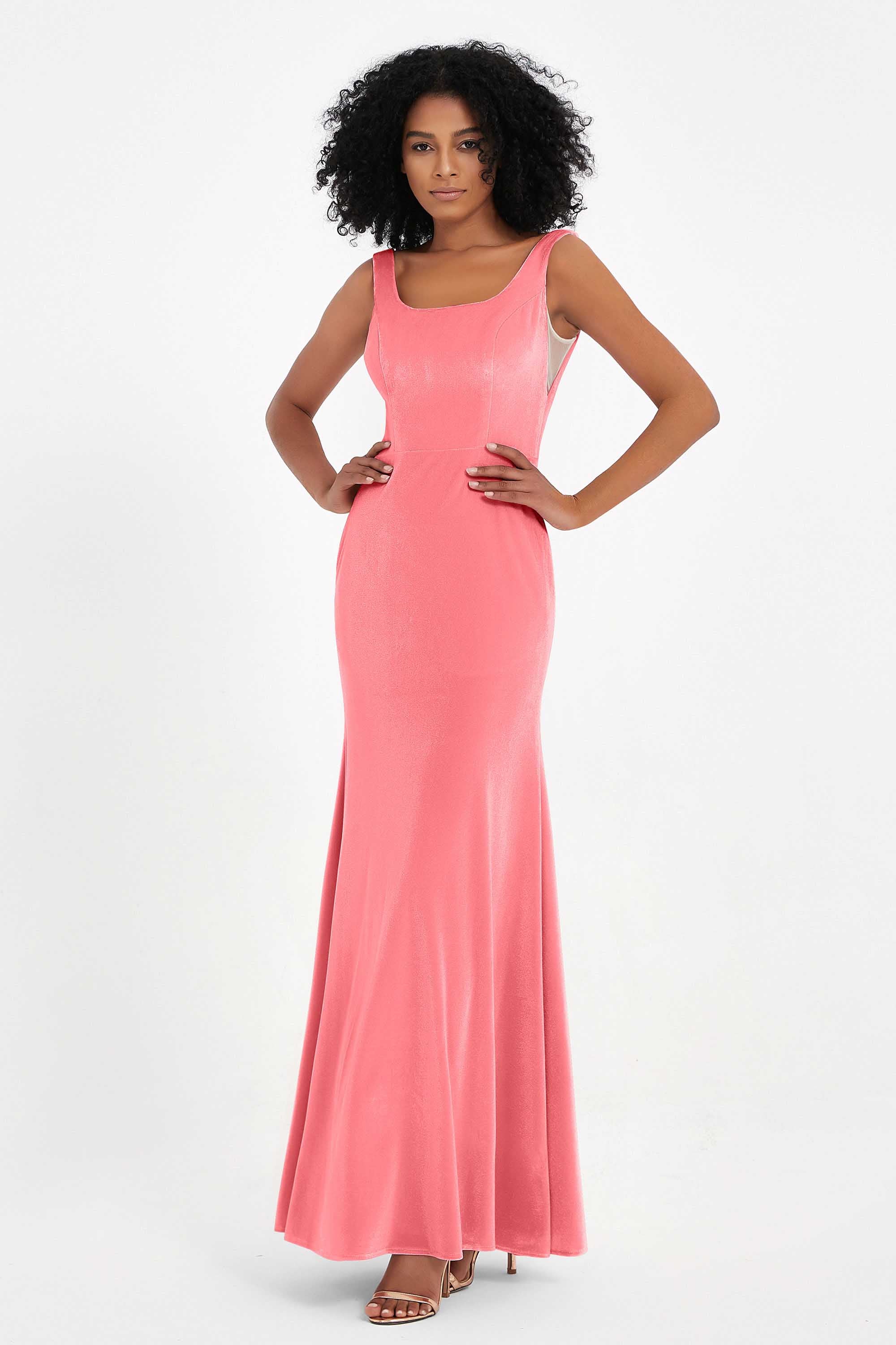 Scoop Sleeveless Velvet Long Formal Evening Dresses Sheath Bridesmaid Prom Party Gowns