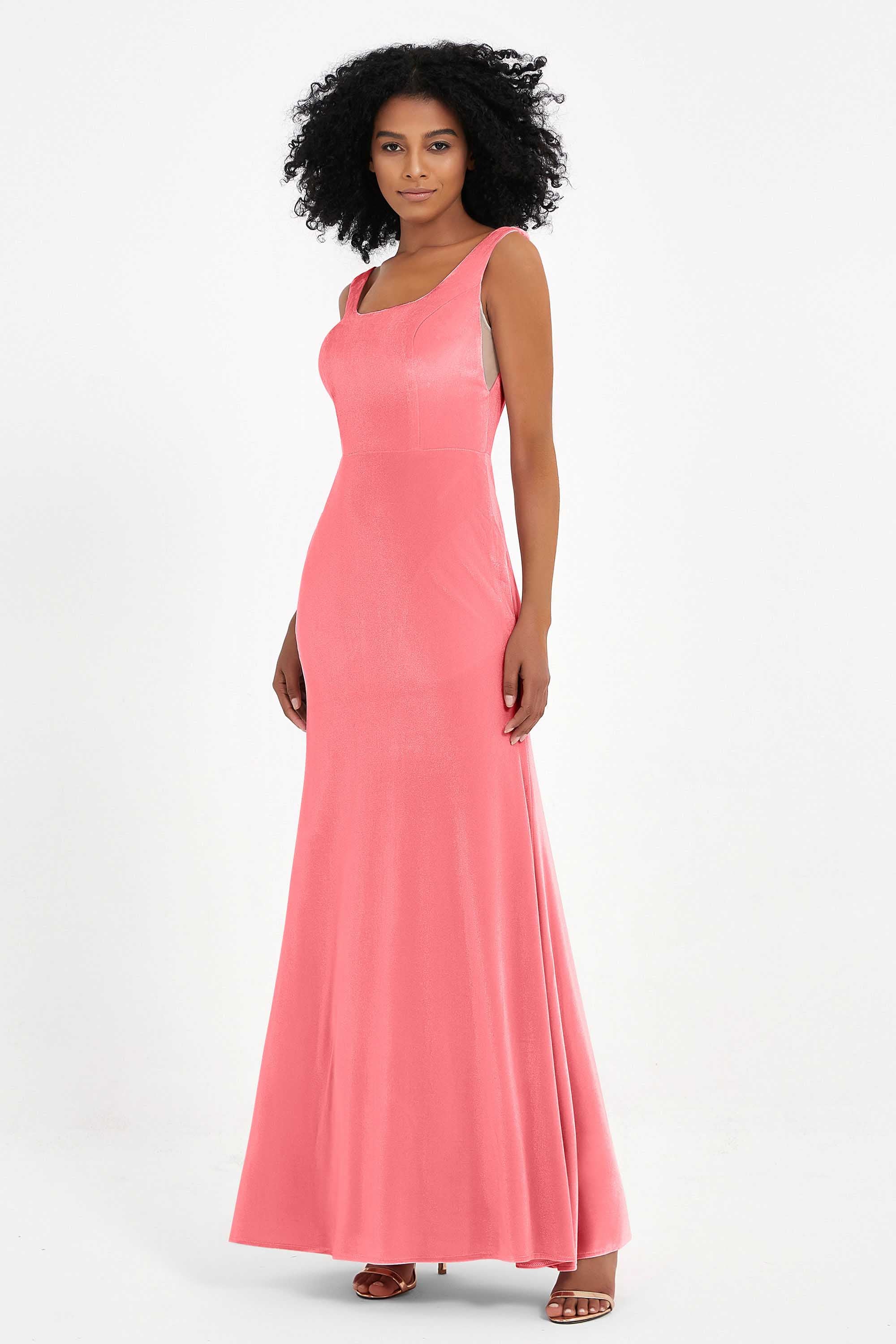 Scoop Sleeveless Velvet Long Formal Evening Dresses Sheath Bridesmaid Prom Party Gowns