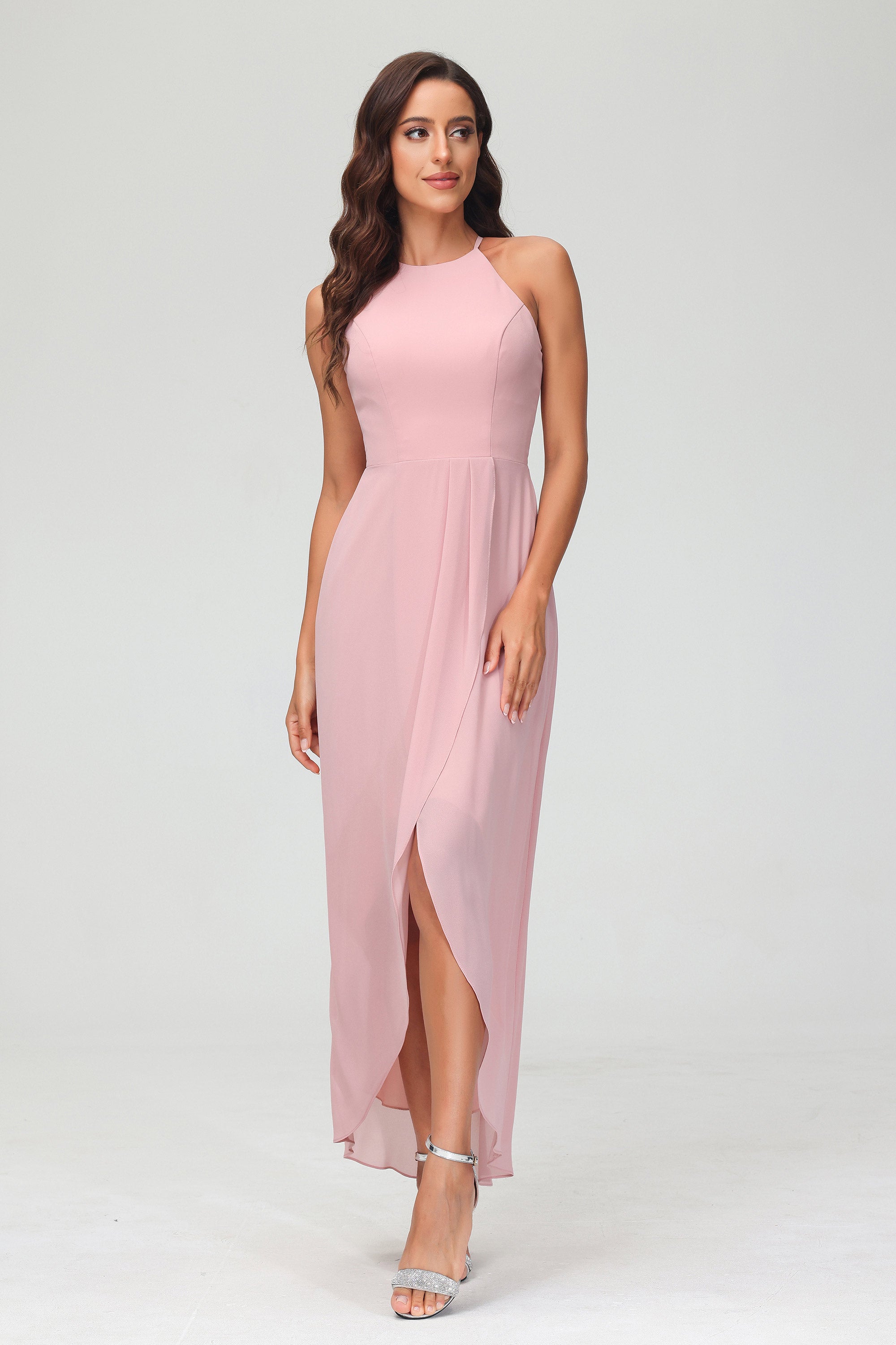 Simple Chiffon Asymmetrical Halter Wedding Party Dress Formal Evening Dresses Gowns