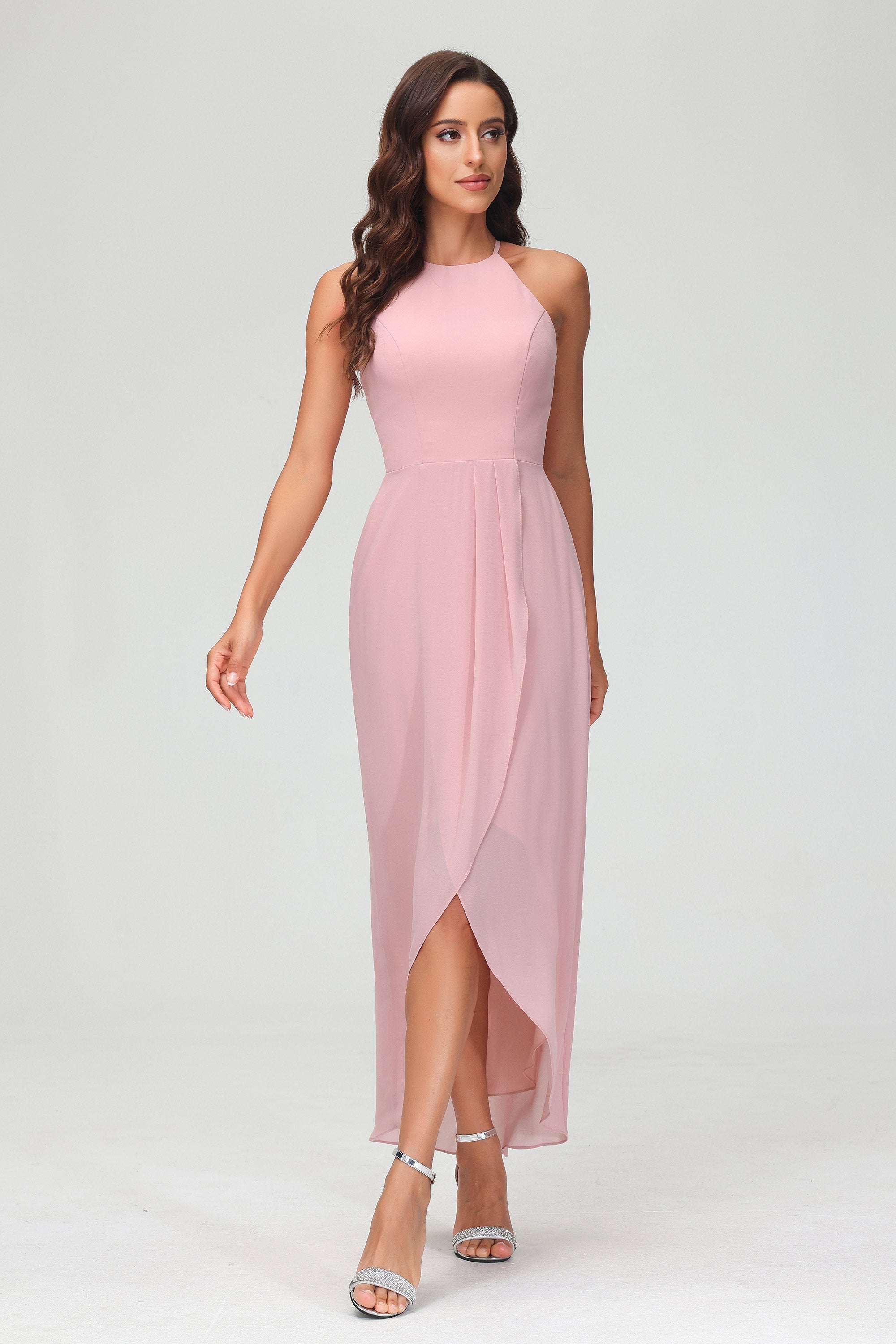 Simple Chiffon Asymmetrical Halter Wedding Party Dress Formal Evening Dresses Gowns
