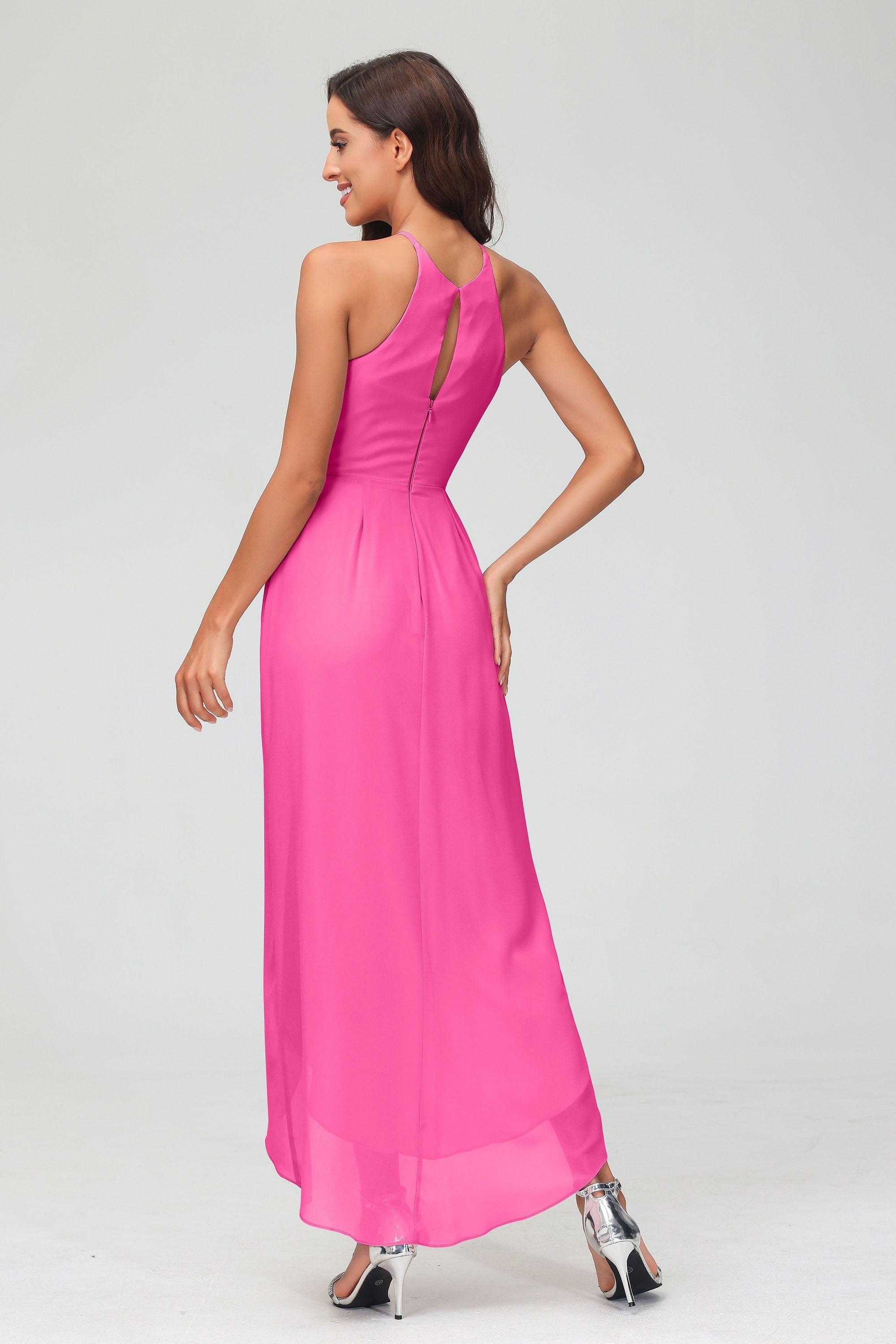 Simple Chiffon Asymmetrical Halter Wedding Party Dress Formal Evening Dresses Gowns