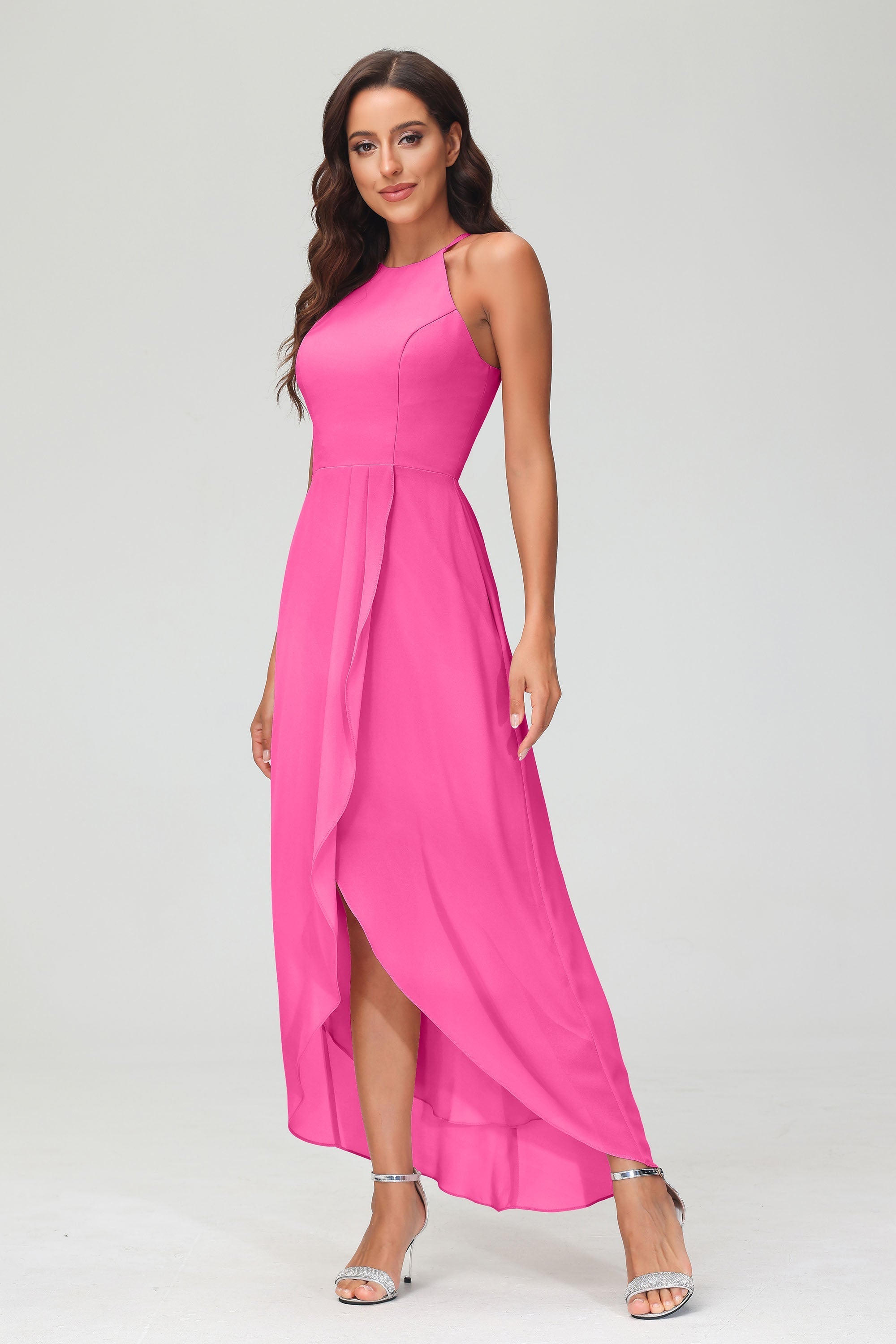 Simple Chiffon Asymmetrical Halter Wedding Party Dress Formal Evening Dresses Gowns