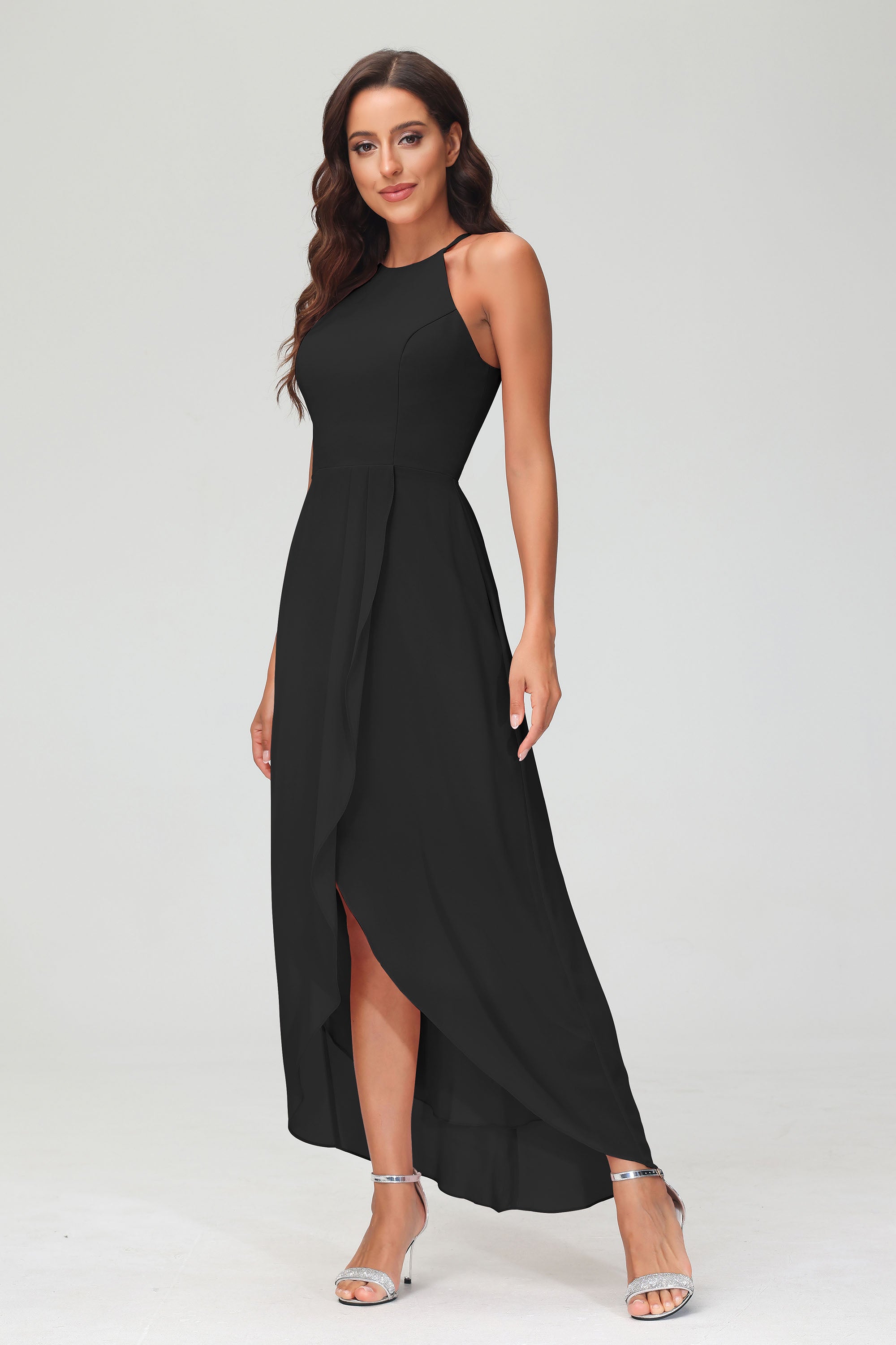 Simple Chiffon Asymmetrical Halter Wedding Party Dress Formal Evening Dresses Gowns