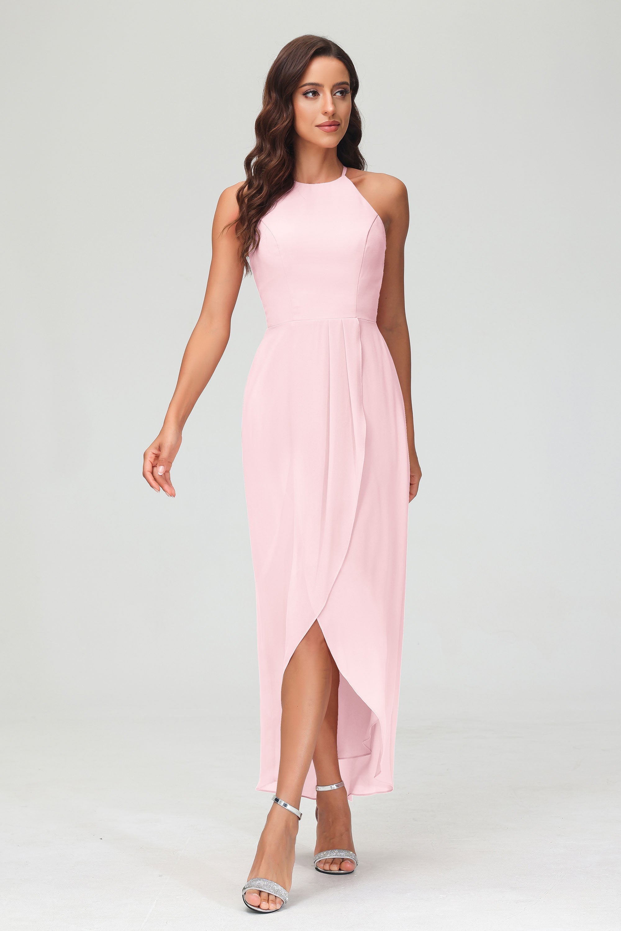 Simple Chiffon Asymmetrical Halter Wedding Party Dress Formal Evening Dresses Gowns