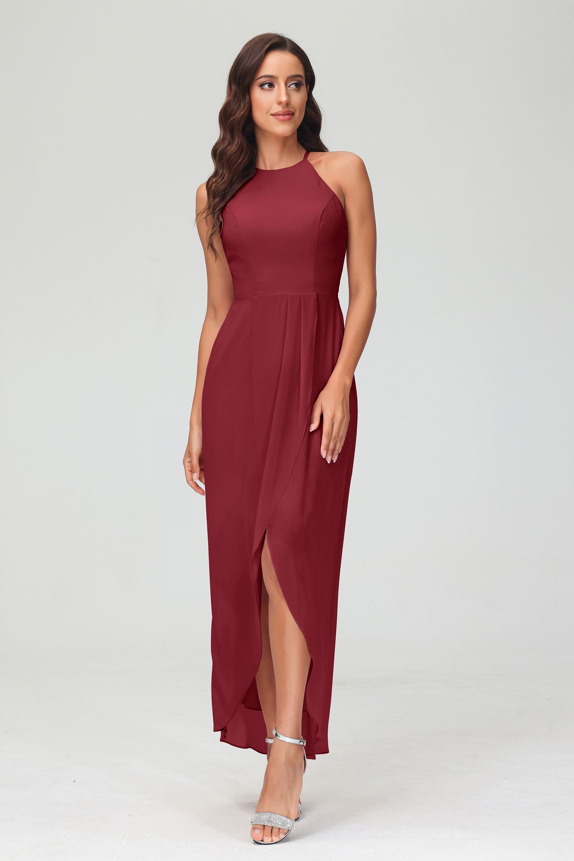 Simple Chiffon Asymmetrical Halter Wedding Party Dress Formal Evening Dresses Gowns