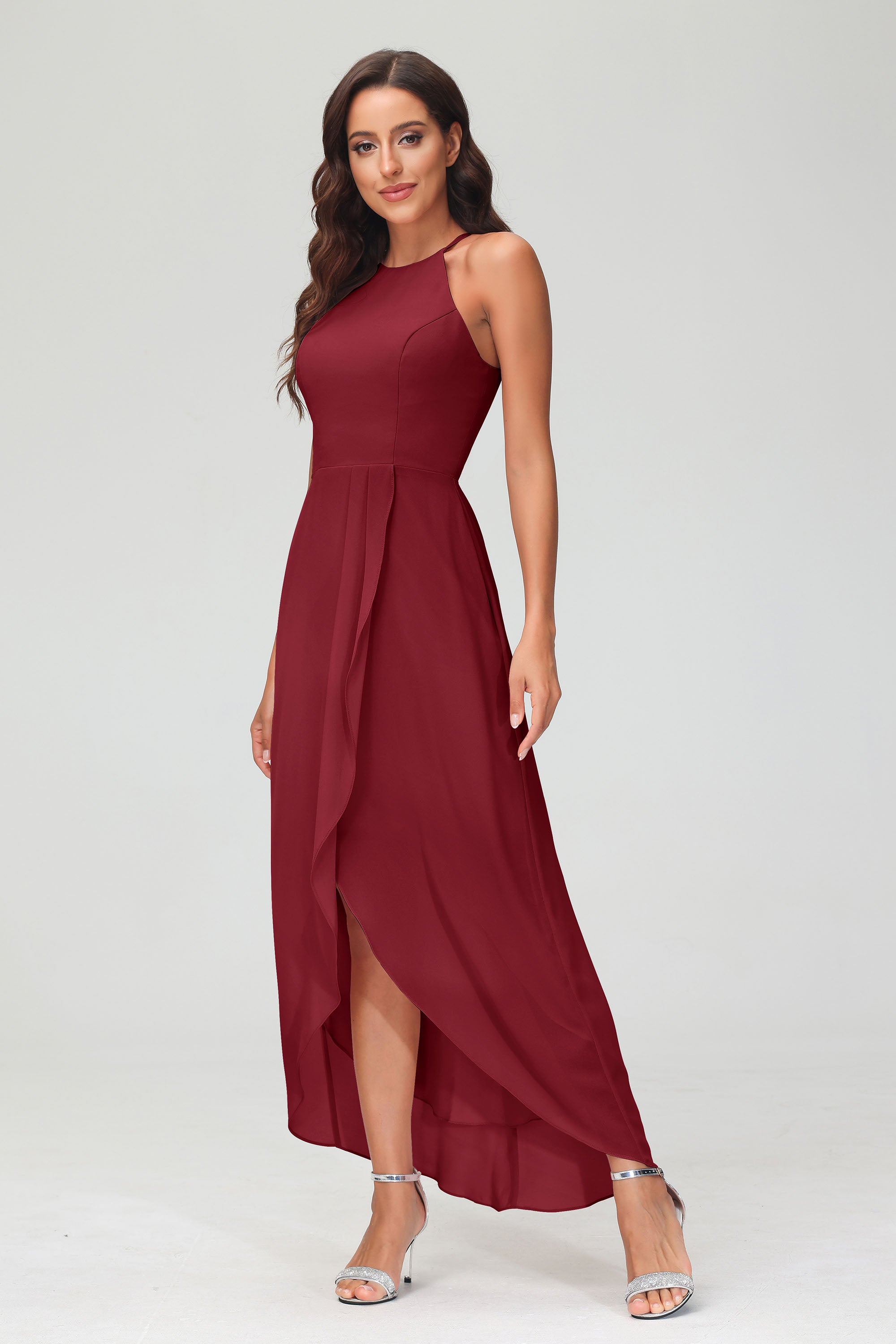 Simple Chiffon Asymmetrical Halter Wedding Party Dress Formal Evening Dresses Gowns