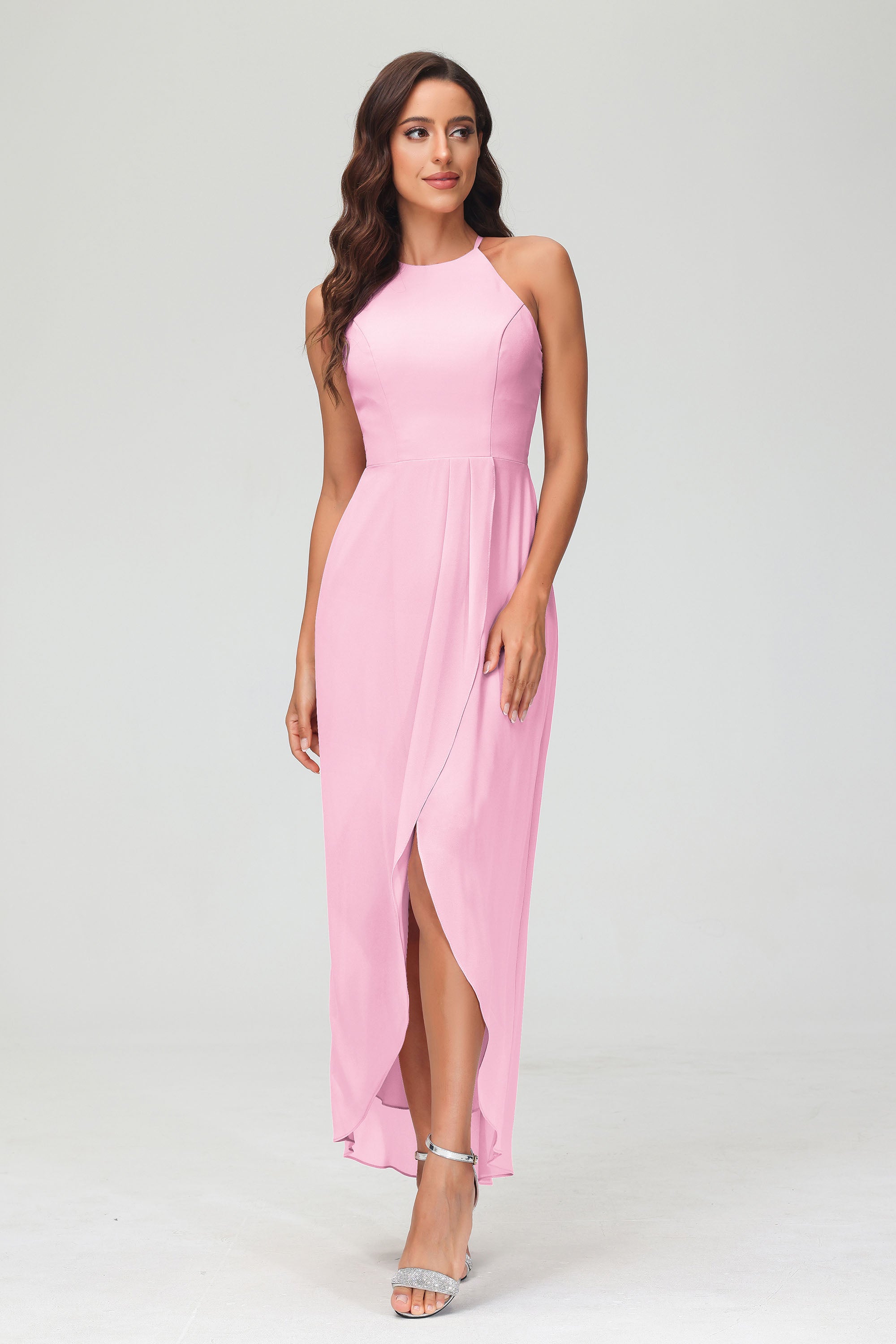 Simple Chiffon Asymmetrical Halter Wedding Party Dress Formal Evening Dresses Gowns