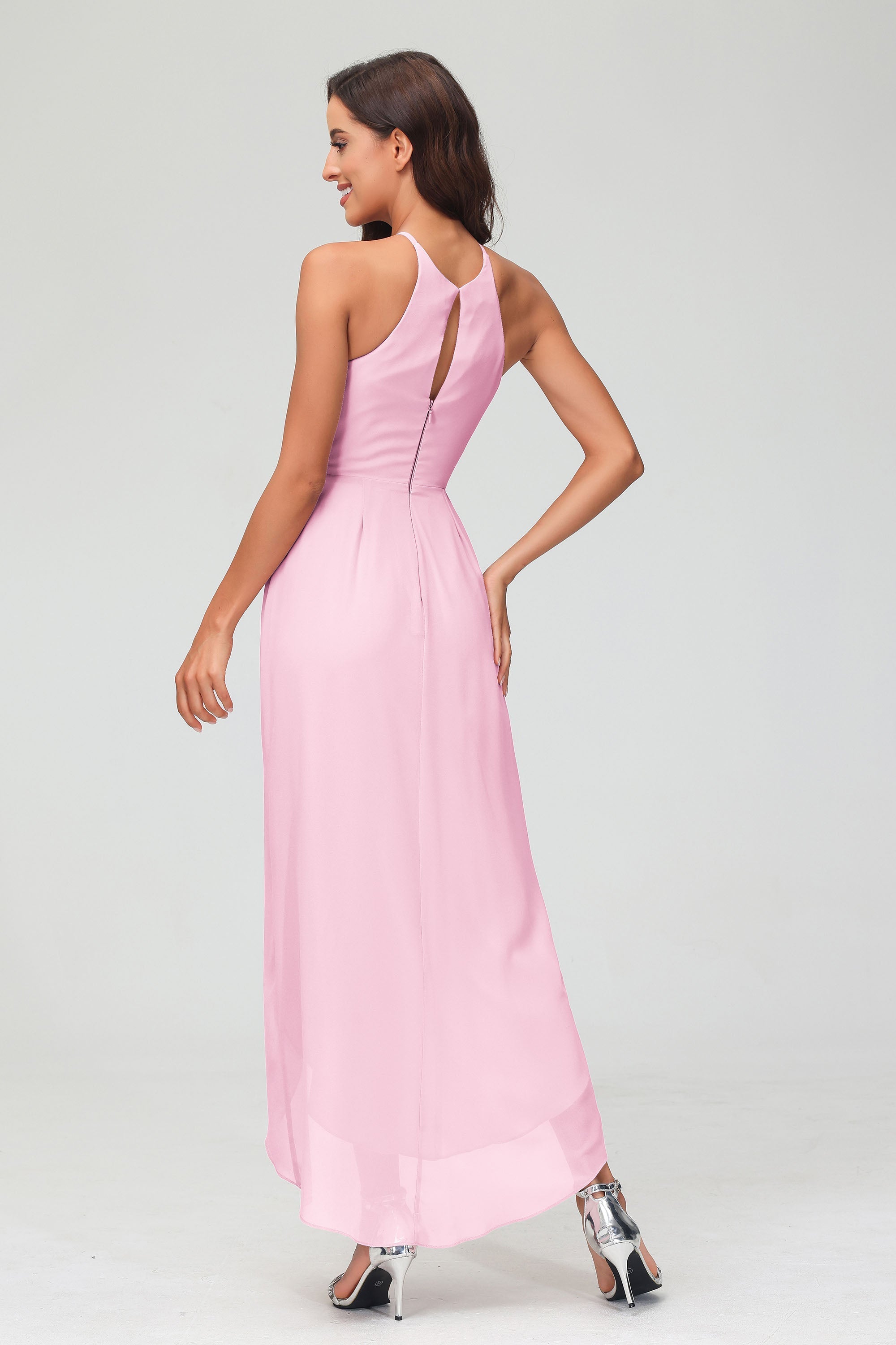 Simple Chiffon Asymmetrical Halter Wedding Party Dress Formal Evening Dresses Gowns