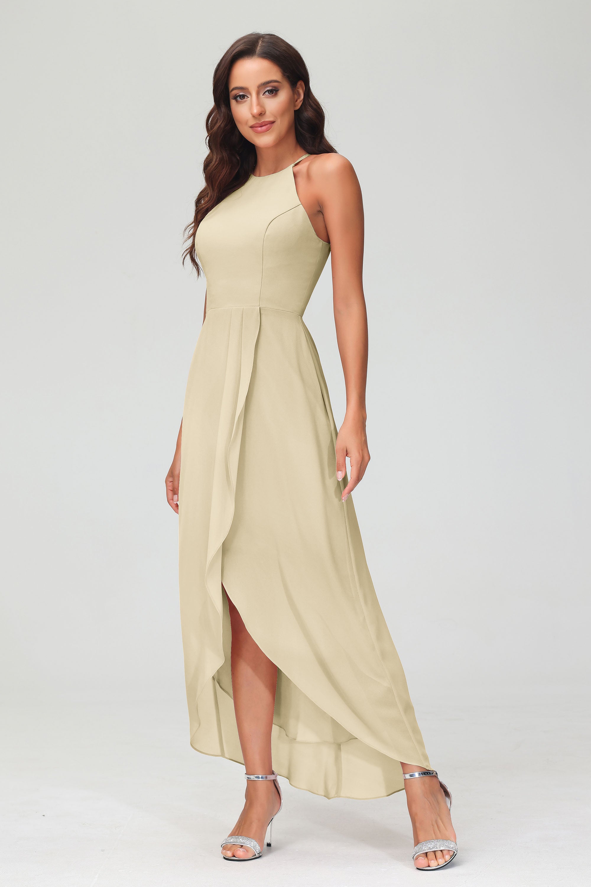 Simple Chiffon Asymmetrical Halter Wedding Party Dress Formal Evening Dresses Gowns