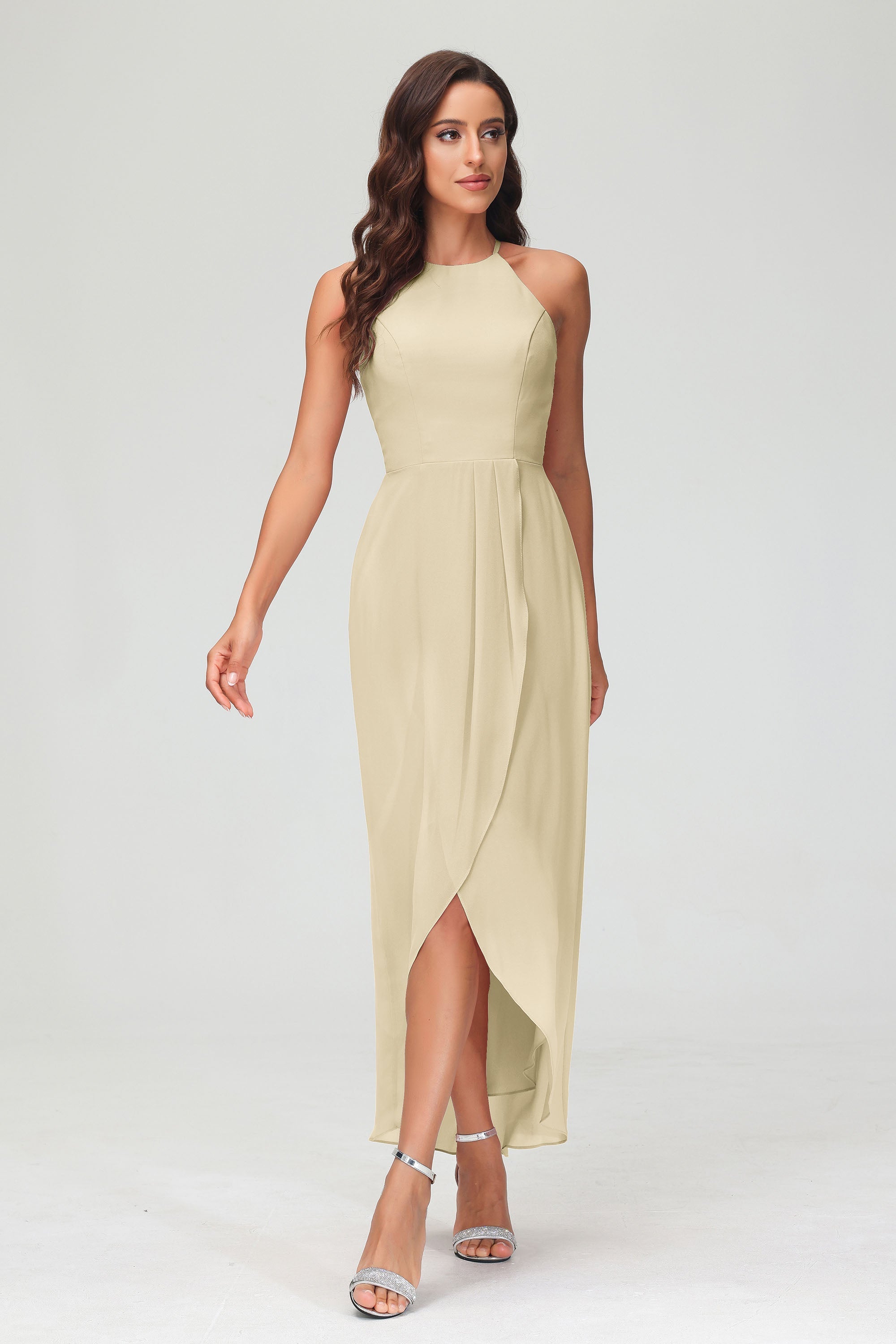 Simple Chiffon Asymmetrical Halter Wedding Party Dress Formal Evening Dresses Gowns
