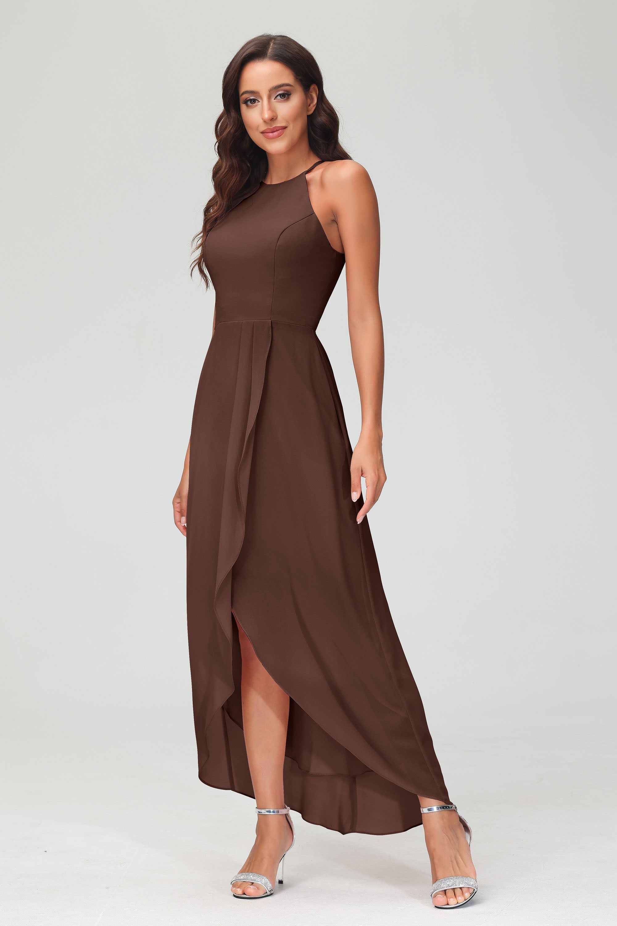Simple Chiffon Asymmetrical Halter Wedding Party Dress Formal Evening Dresses Gowns