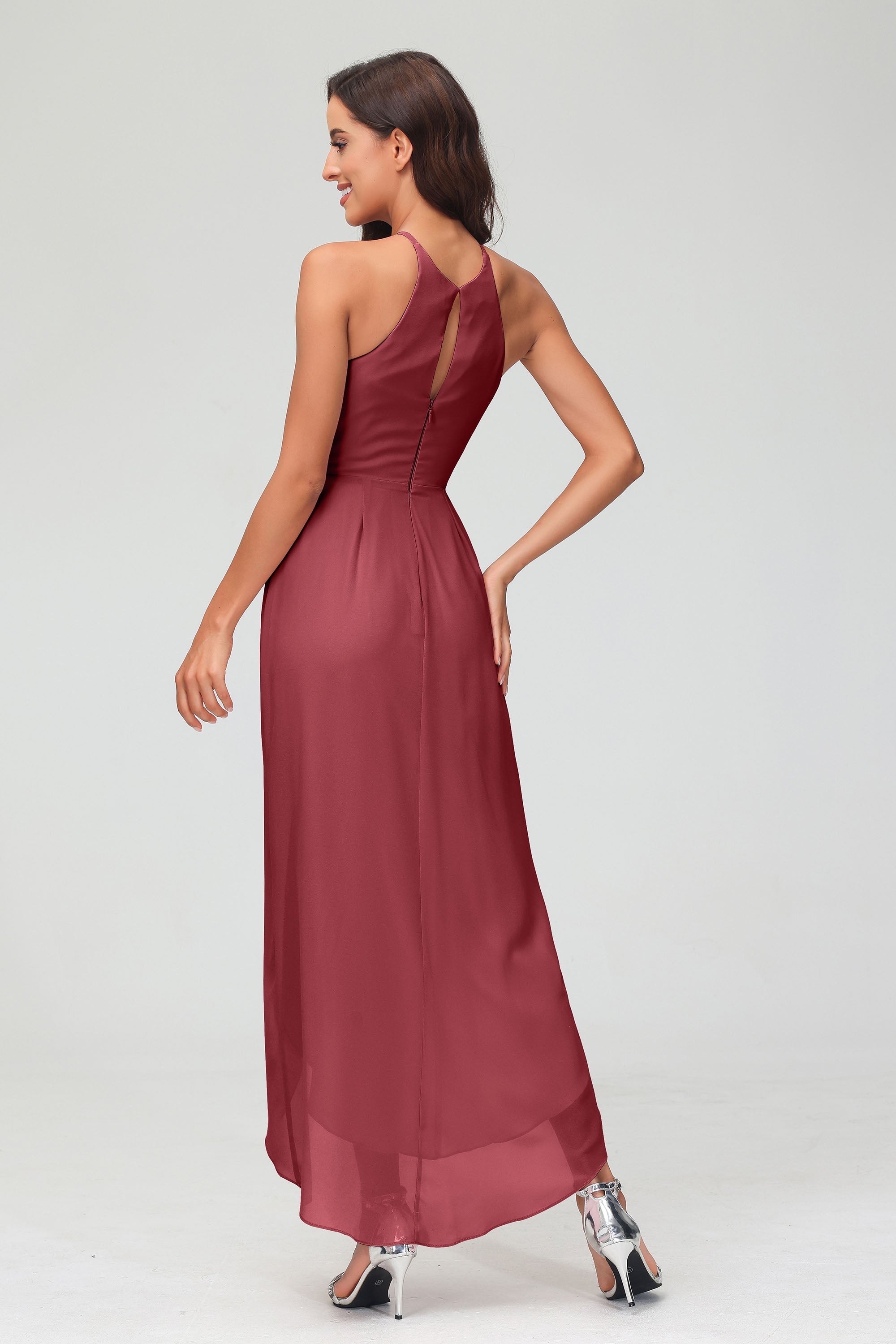 Simple Chiffon Asymmetrical Halter Wedding Party Dress Formal Evening Dresses Gowns