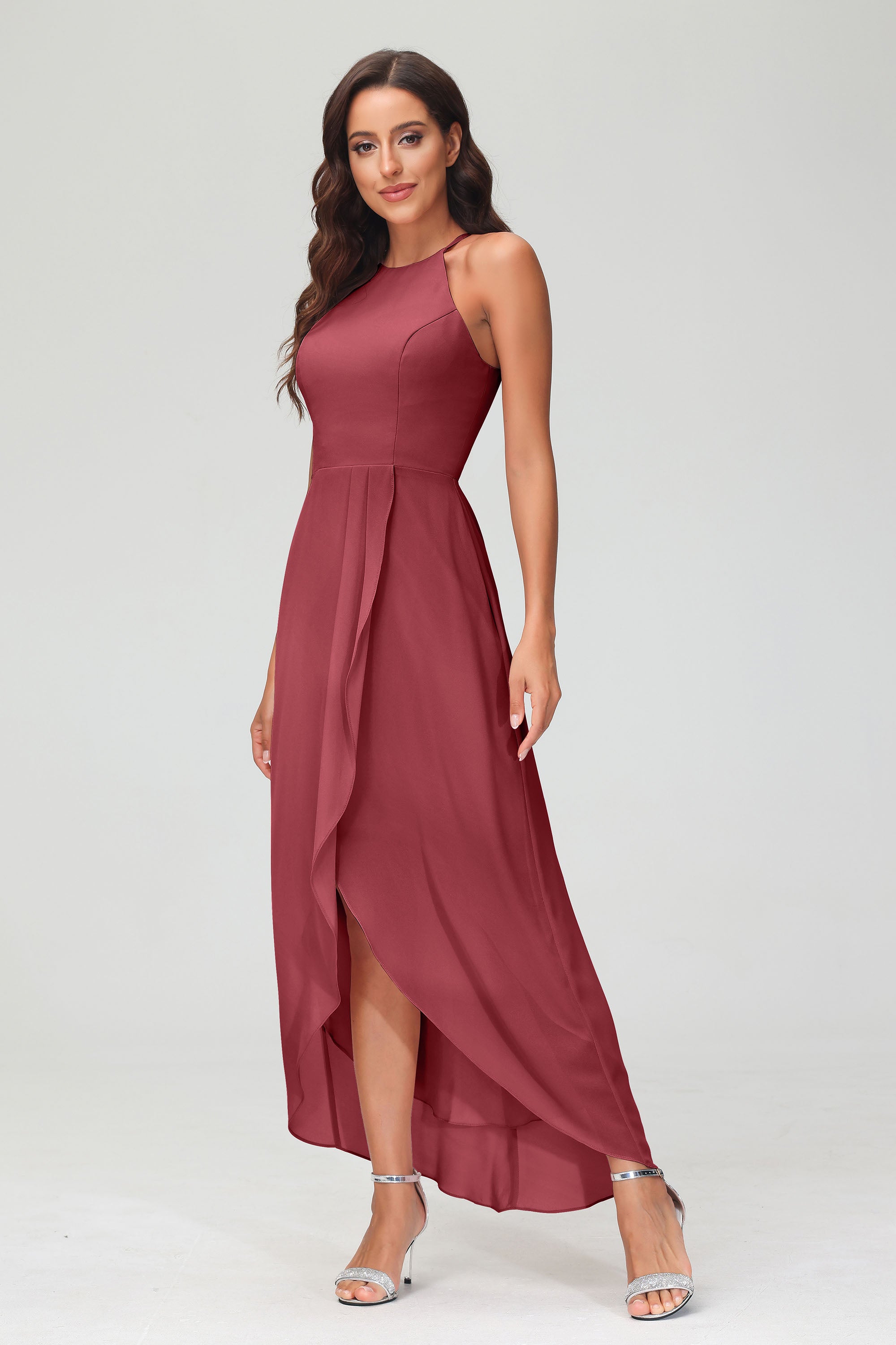 Simple Chiffon Asymmetrical Halter Wedding Party Dress Formal Evening Dresses Gowns