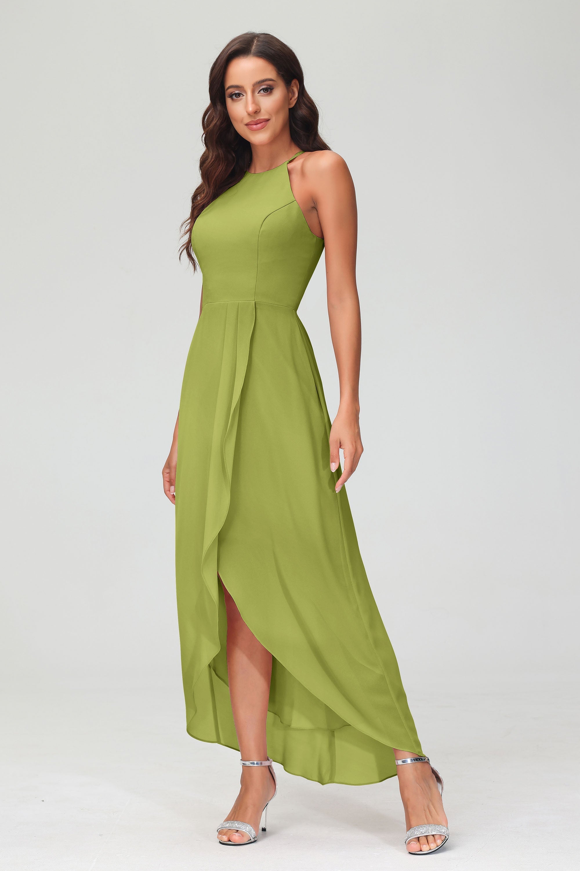 Simple Chiffon Asymmetrical Halter Wedding Party Dress Formal Evening Dresses Gowns