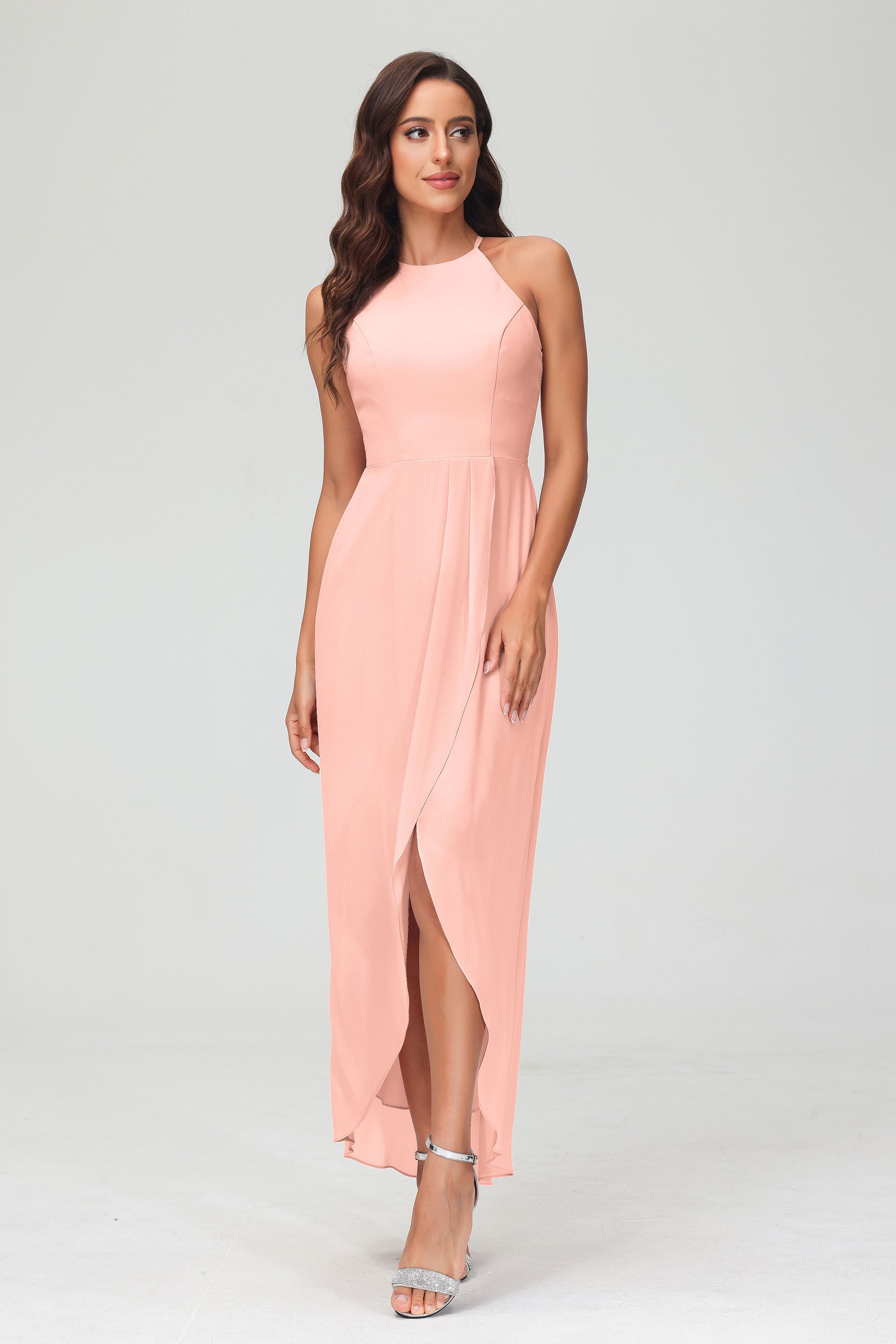 Simple Chiffon Asymmetrical Halter Wedding Party Dress Formal Evening Dresses Gowns