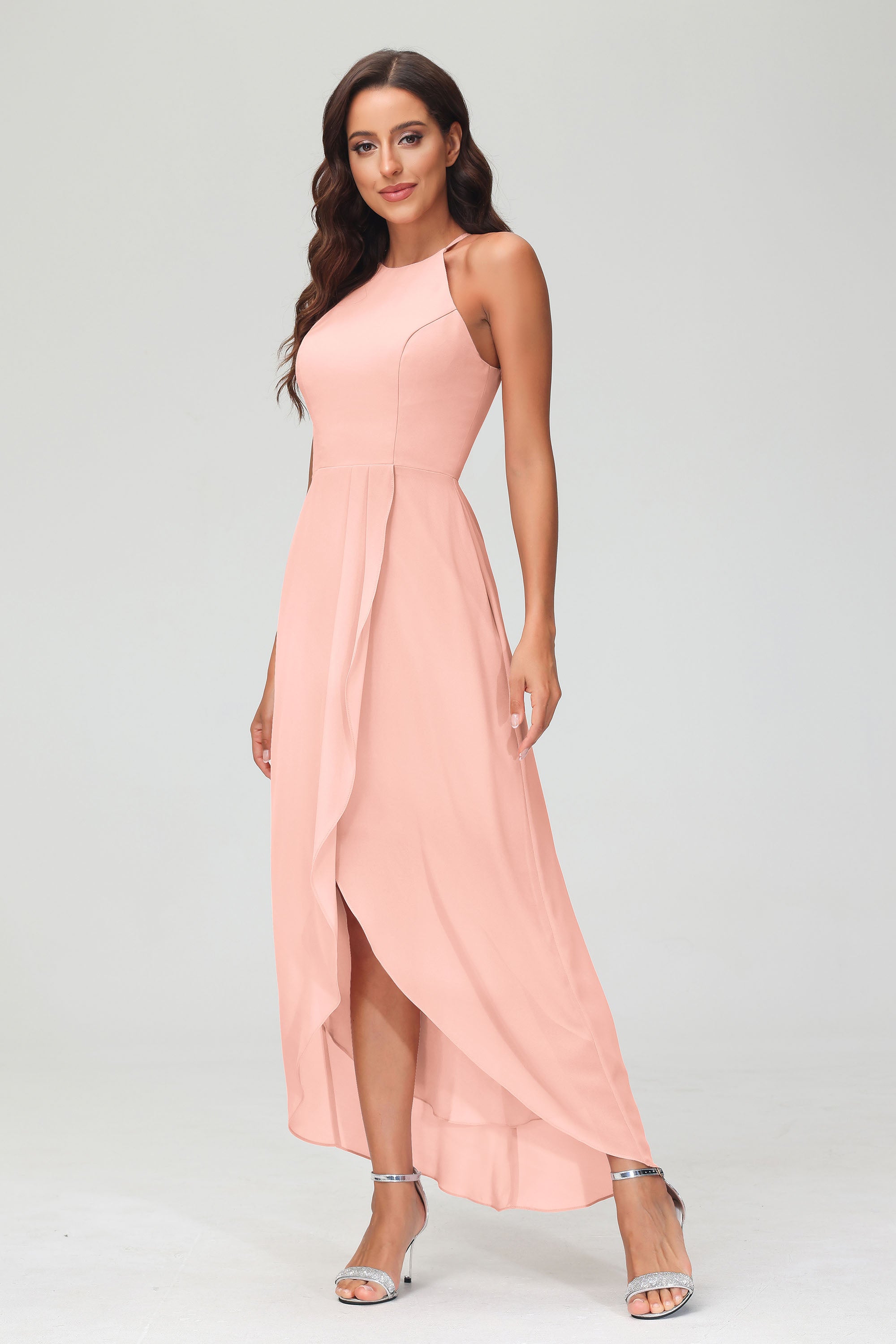 Simple Chiffon Asymmetrical Halter Wedding Party Dress Formal Evening Dresses Gowns