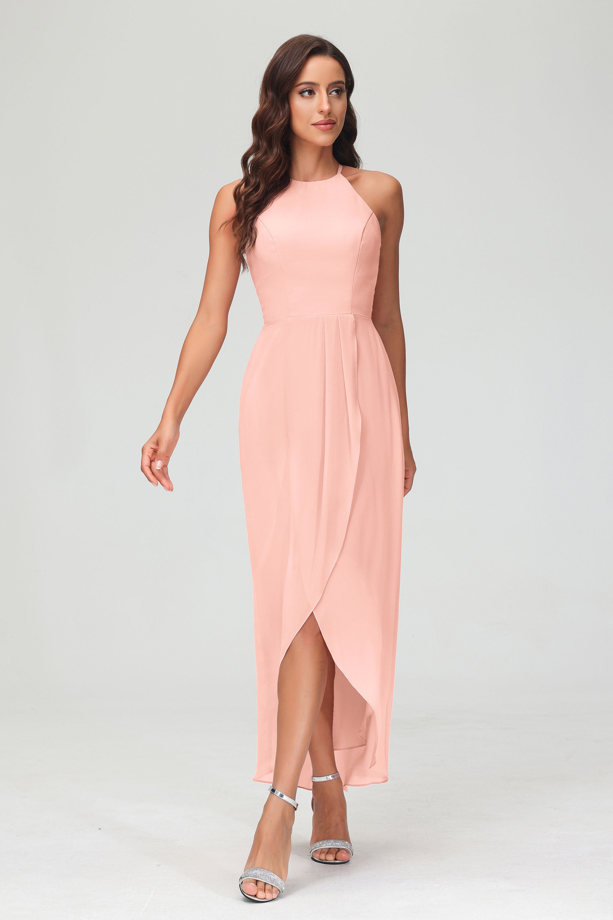Simple Chiffon Asymmetrical Halter Wedding Party Dress Formal Evening Dresses Gowns