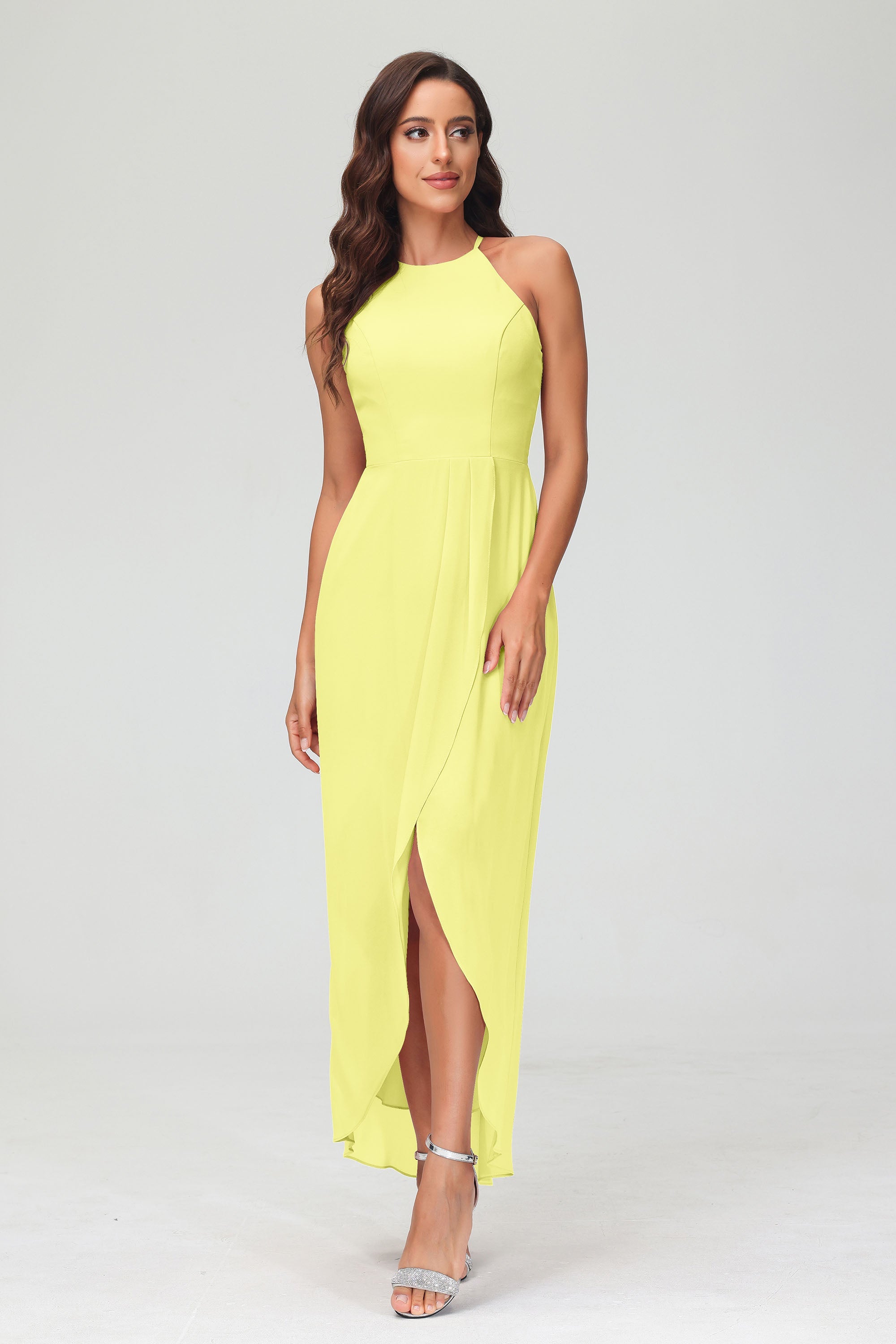 Simple Chiffon Asymmetrical Halter Wedding Party Dress Formal Evening Dresses Gowns