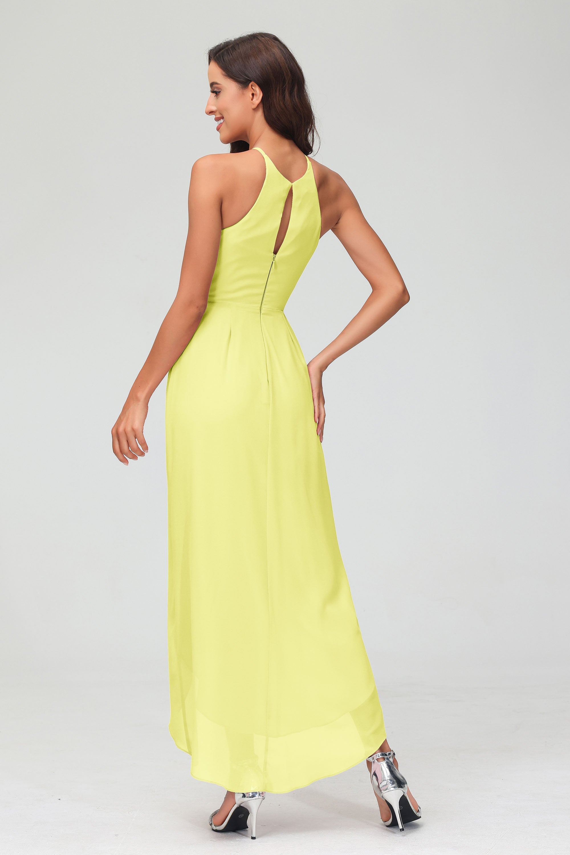 Simple Chiffon Asymmetrical Halter Wedding Party Dress Formal Evening Dresses Gowns