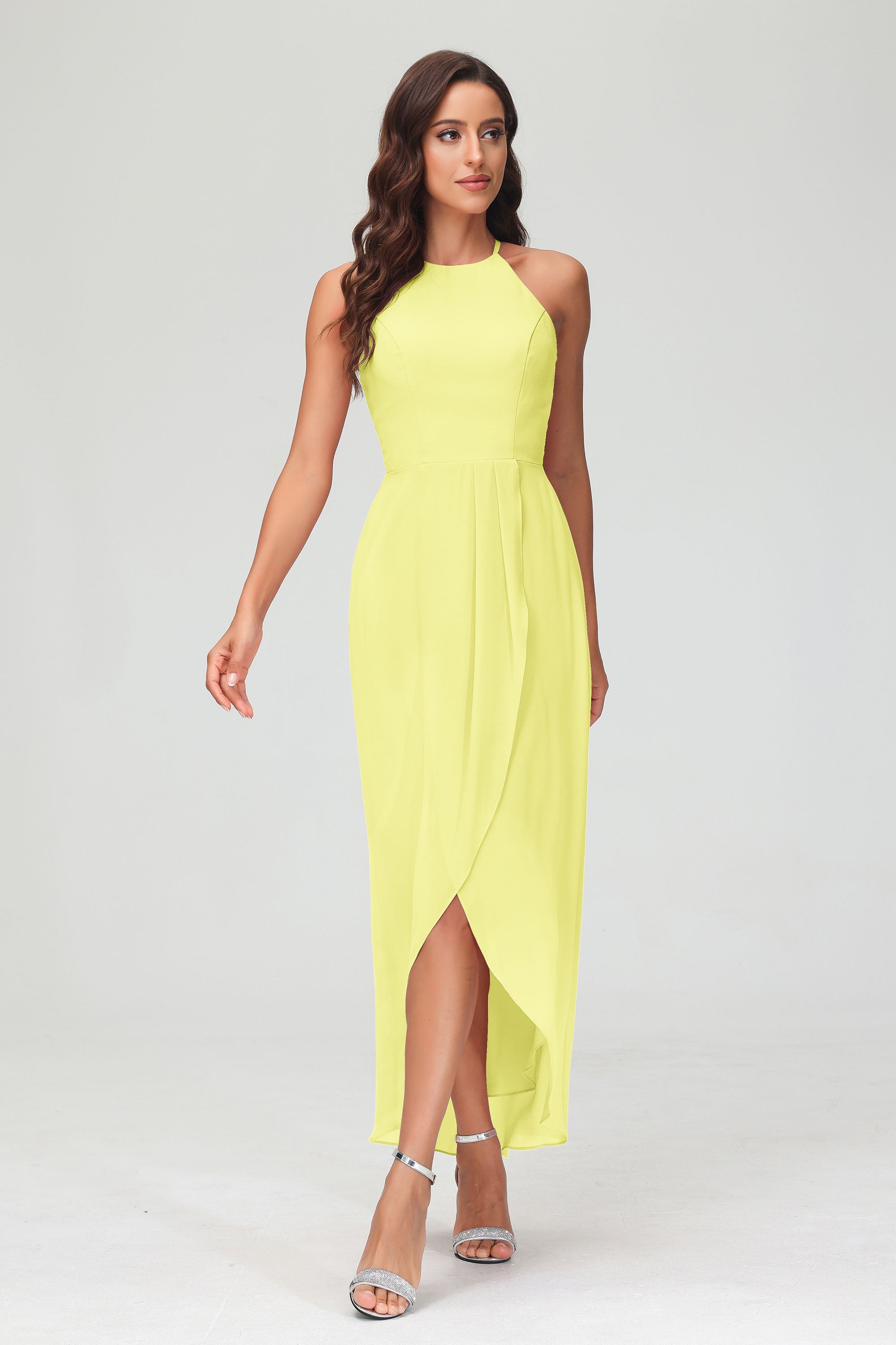 Simple Chiffon Asymmetrical Halter Wedding Party Dress Formal Evening Dresses Gowns