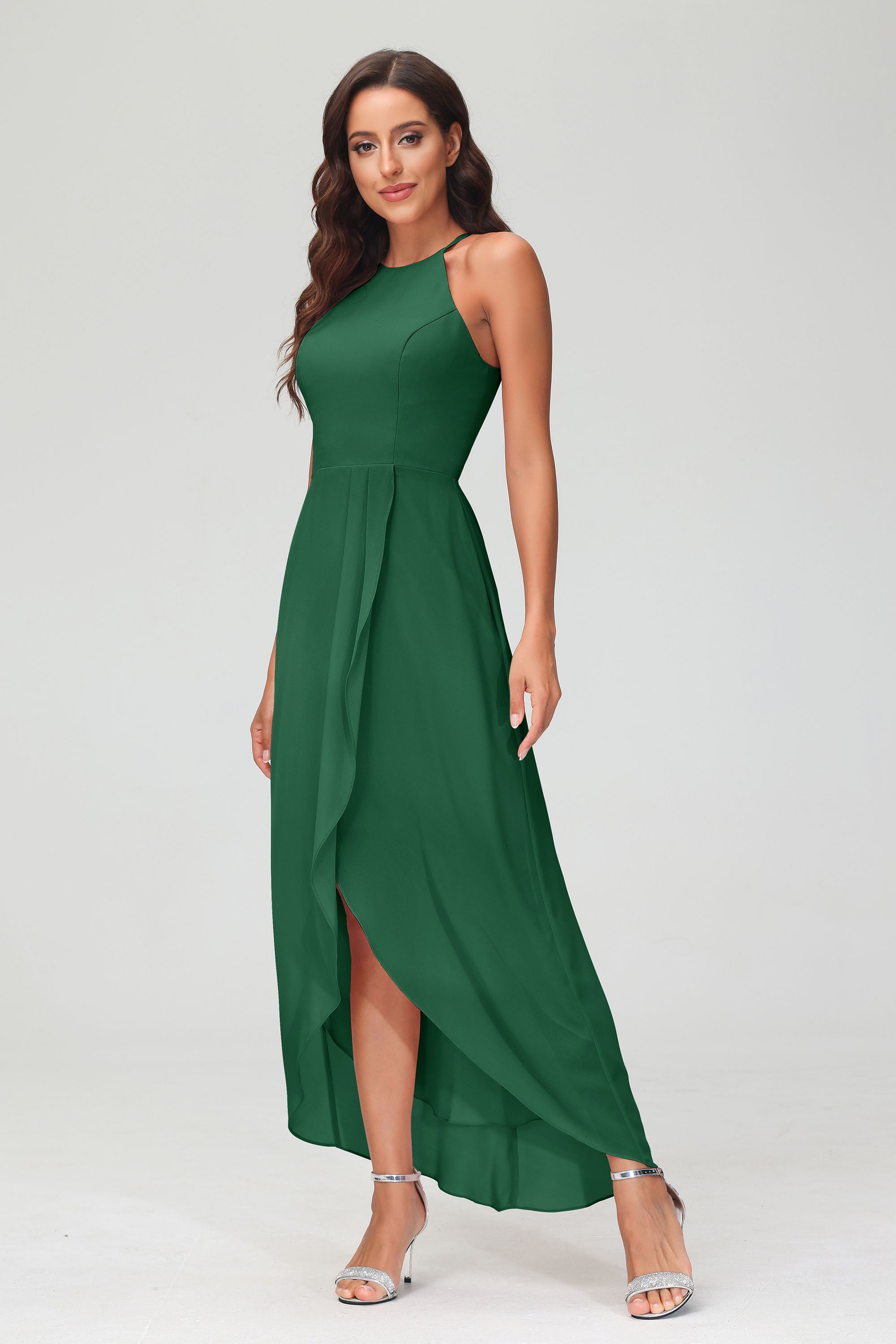 Simple Chiffon Asymmetrical Halter Wedding Party Dress Formal Evening Dresses Gowns