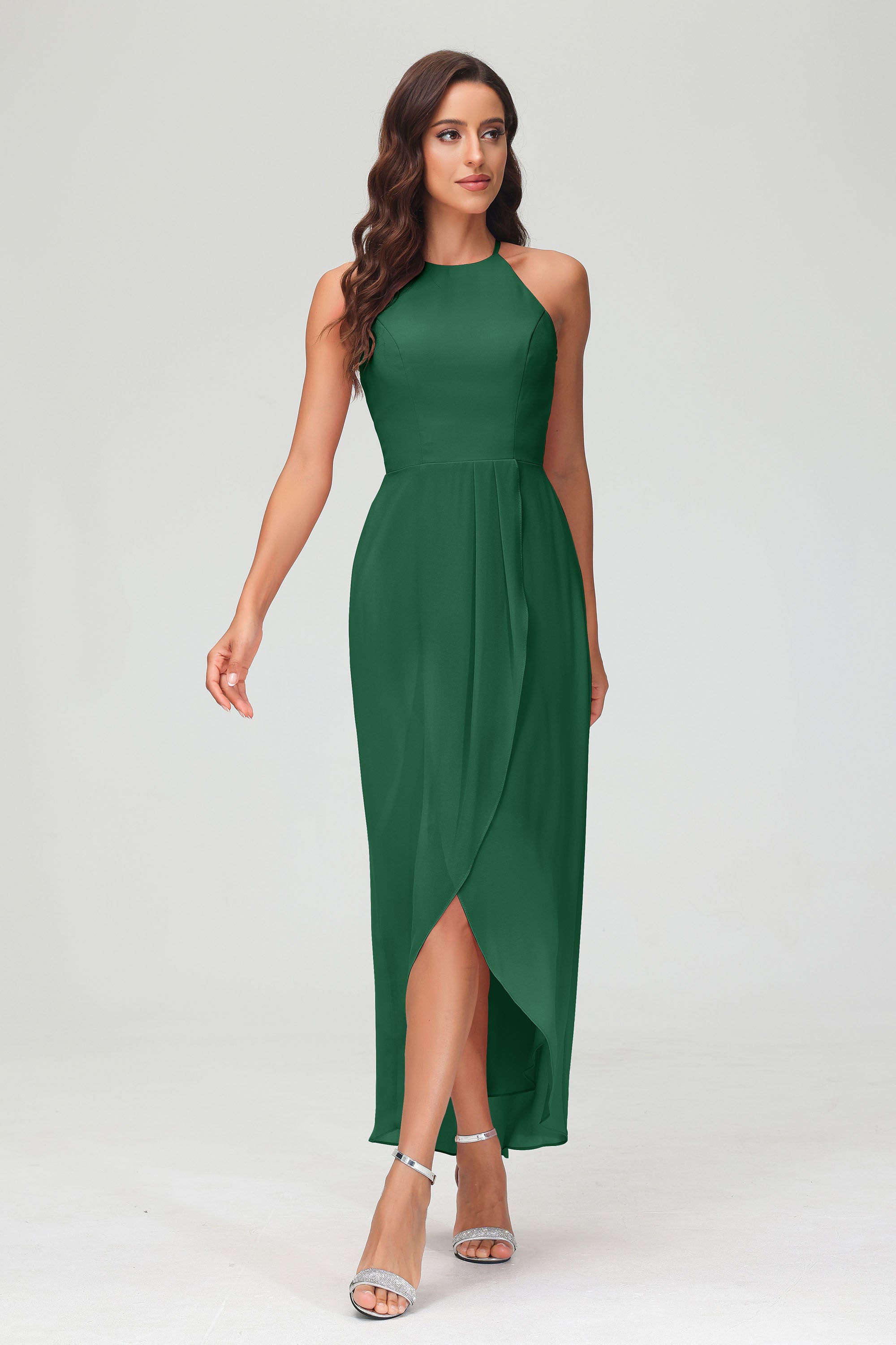 Simple Chiffon Asymmetrical Halter Wedding Party Dress Formal Evening Dresses Gowns