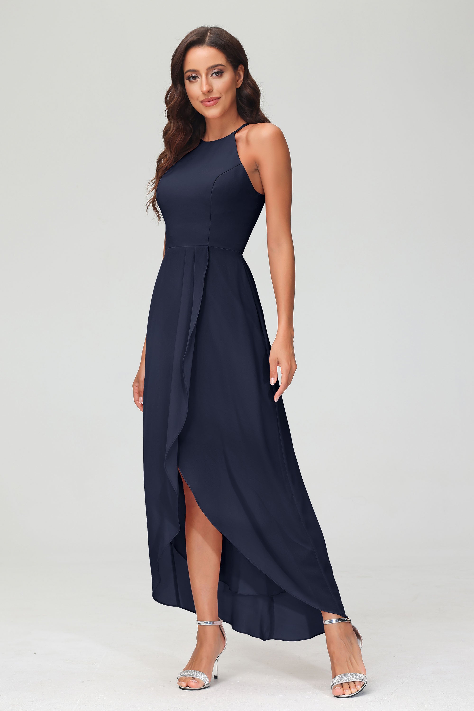 Simple Chiffon Asymmetrical Halter Wedding Party Dress Formal Evening Dresses Gowns
