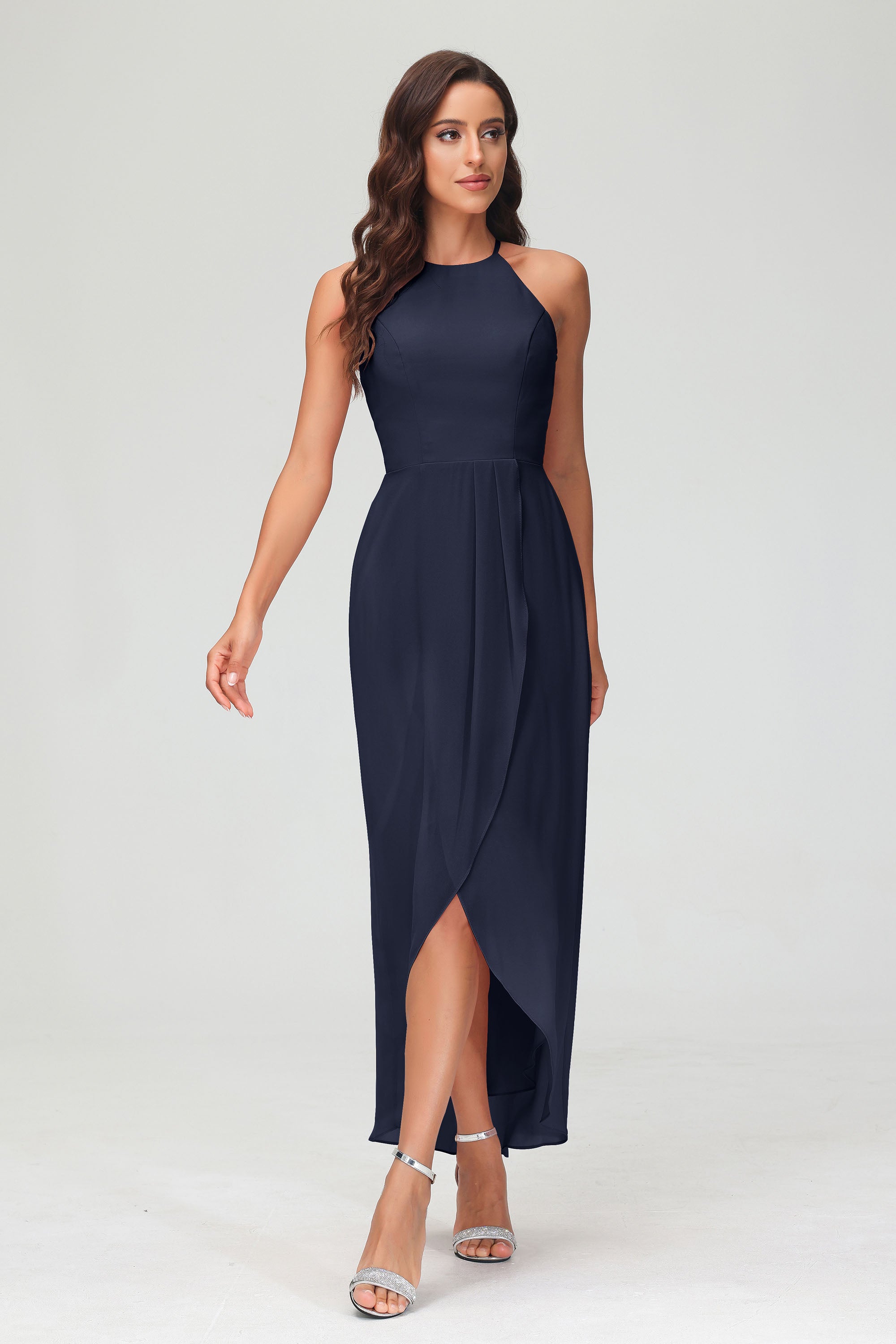 Simple Chiffon Asymmetrical Halter Wedding Party Dress Formal Evening Dresses Gowns