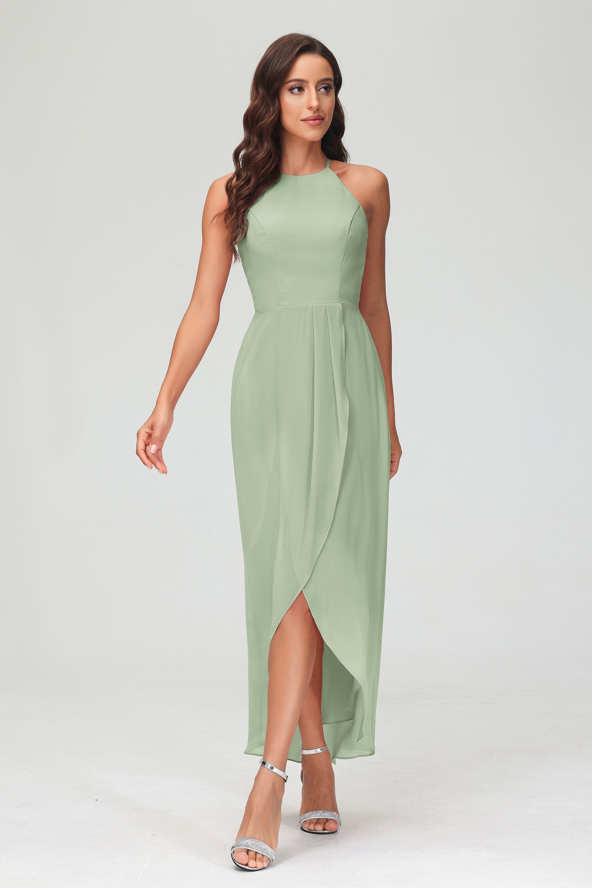 Simple Chiffon Asymmetrical Halter Wedding Party Dress Formal Evening Dresses Gowns