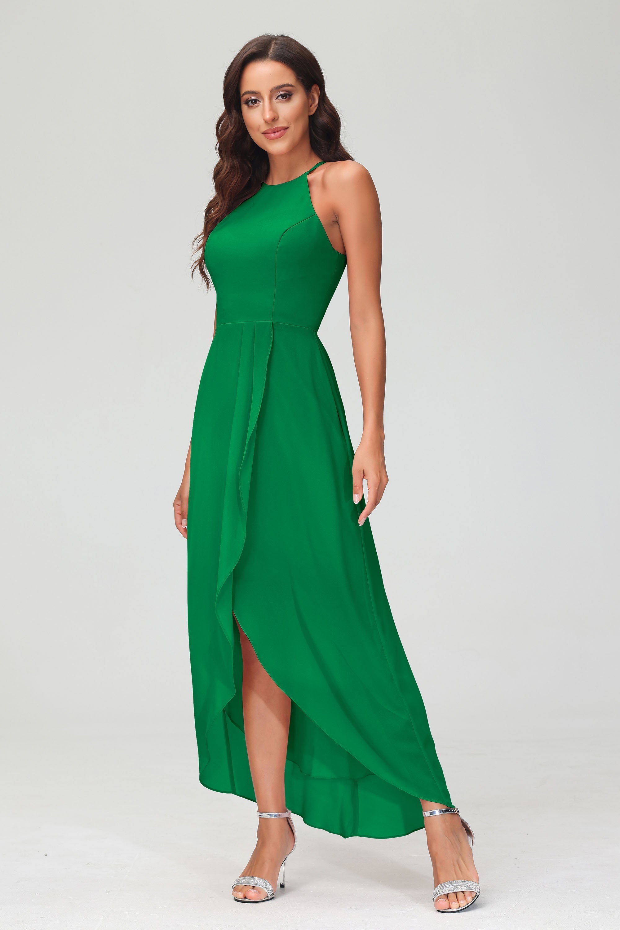 Simple Chiffon Asymmetrical Halter Wedding Party Dress Formal Evening Dresses Gowns