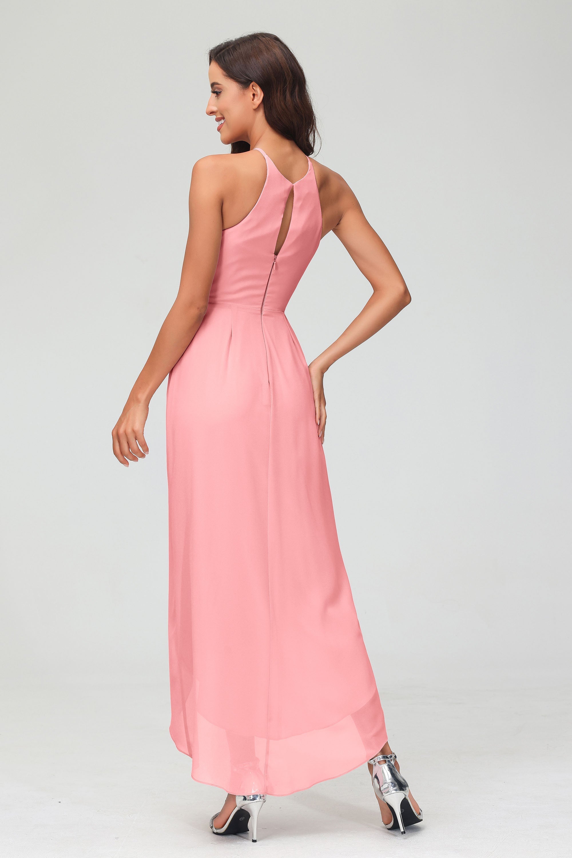 Simple Chiffon Asymmetrical Halter Wedding Party Dress Formal Evening Dresses Gowns