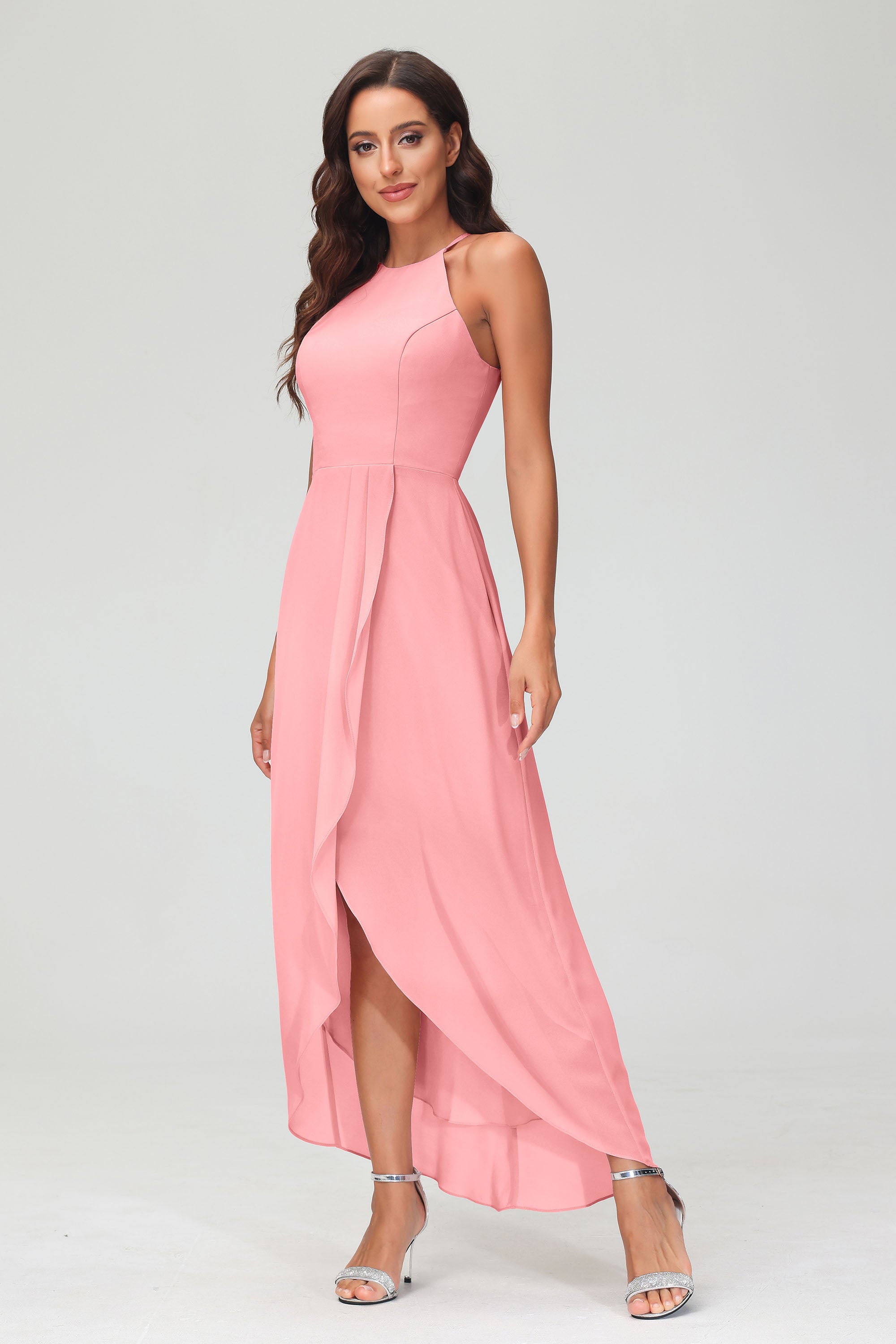 Simple Chiffon Asymmetrical Halter Wedding Party Dress Formal Evening Dresses Gowns
