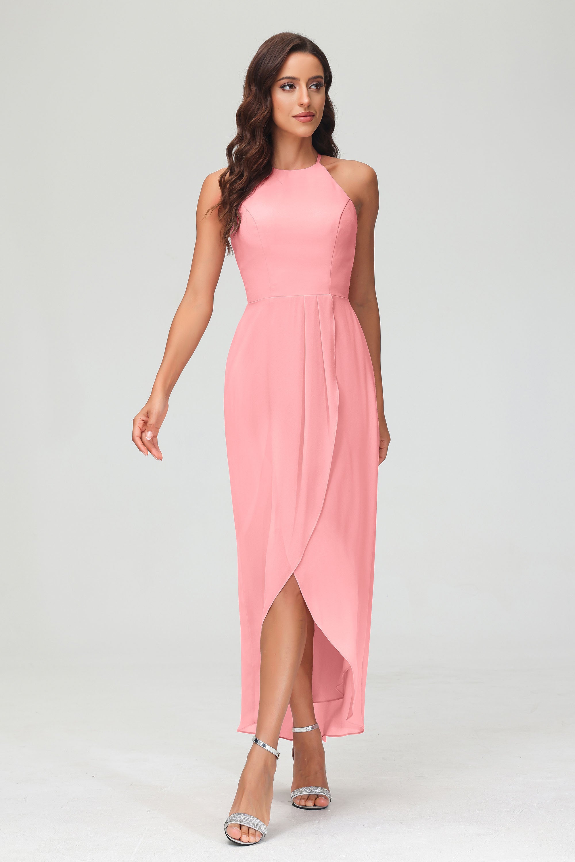 Simple Chiffon Asymmetrical Halter Wedding Party Dress Formal Evening Dresses Gowns