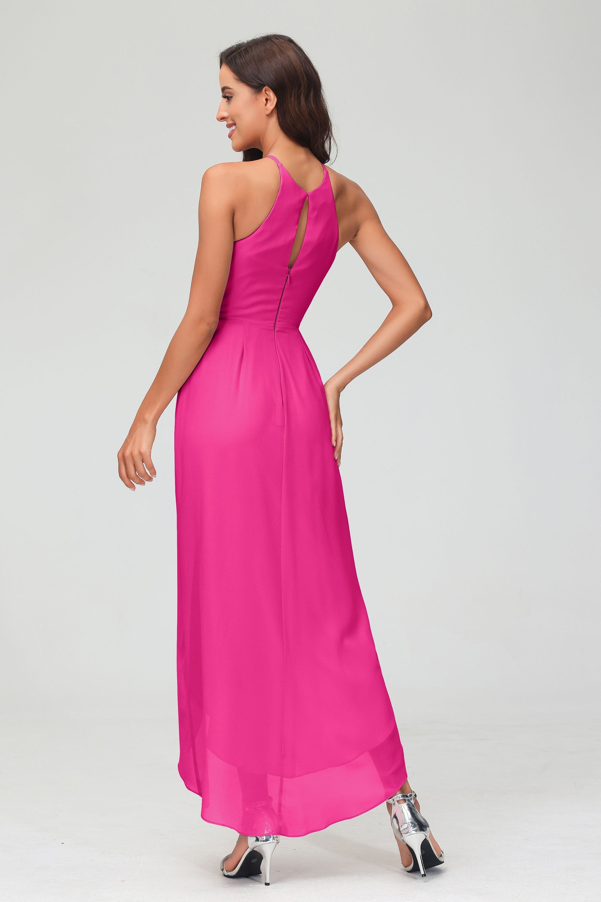 Simple Chiffon Asymmetrical Halter Wedding Party Dress Formal Evening Dresses Gowns
