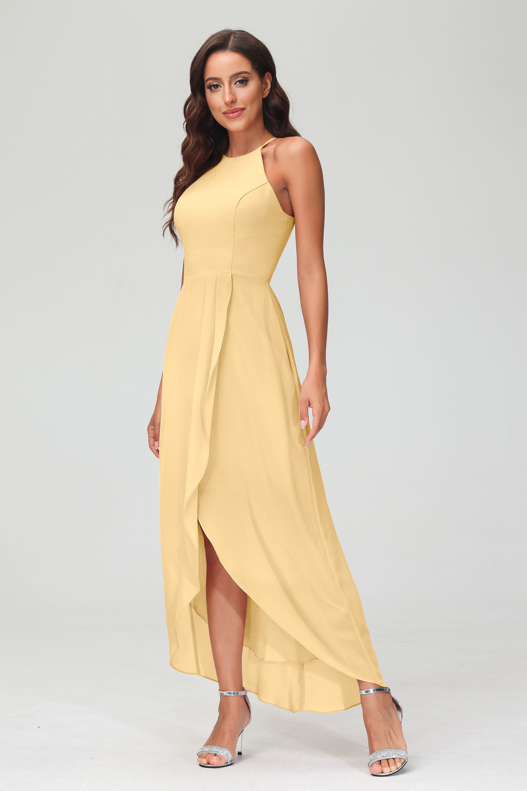 Simple Chiffon Asymmetrical Halter Wedding Party Dress Formal Evening Dresses Gowns