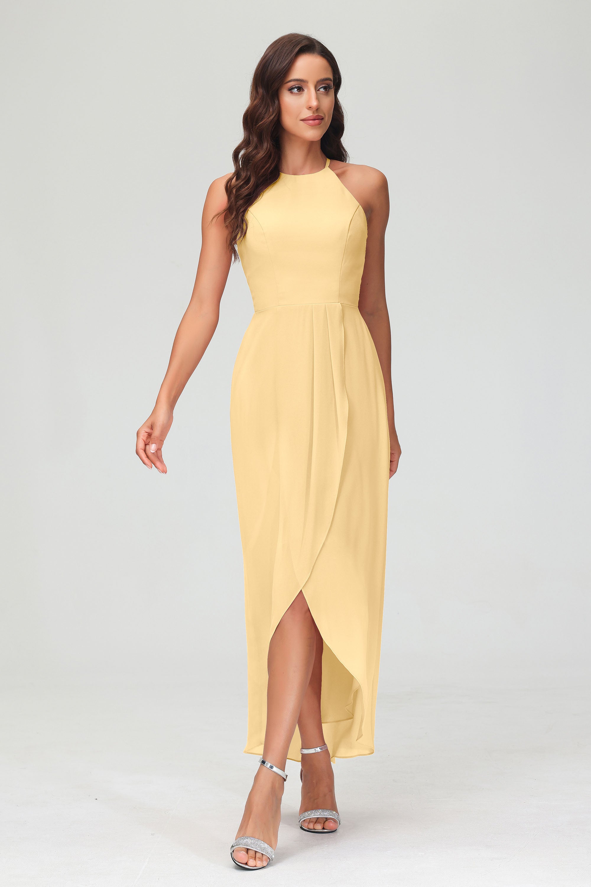 Simple Chiffon Asymmetrical Halter Wedding Party Dress Formal Evening Dresses Gowns